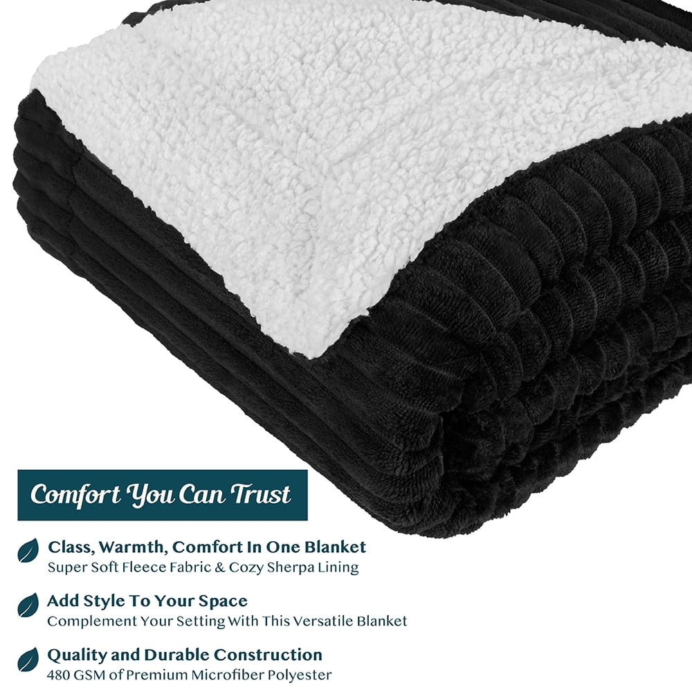 Reversible Sherpa Reversible Sherpa Fleece Throw Blanket Black, Plush Flannel Throw, Ultra Soft Warm Ribbed Microfiber Blanket for Sofa... - Super Soft Reversible Sherpa Flannel Blanket Detail
