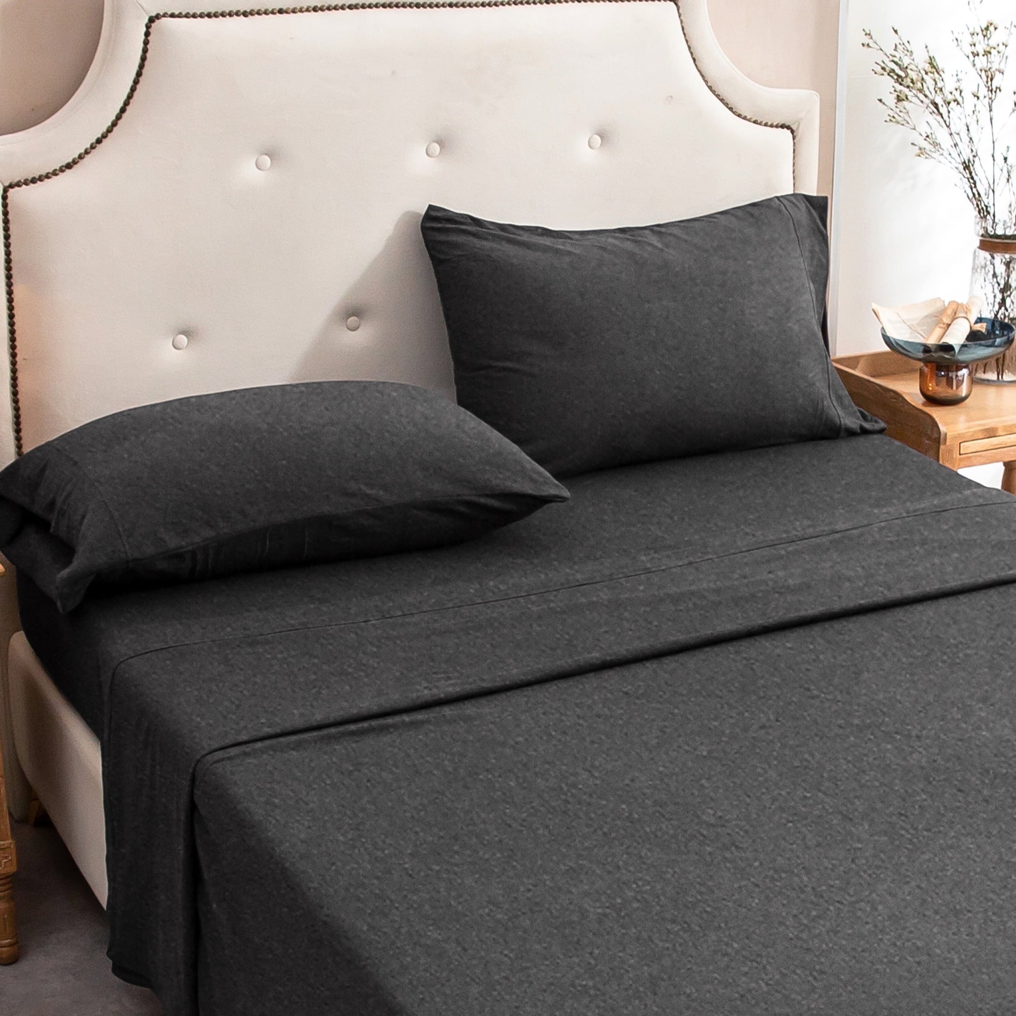 Premium Egyptian Cotton 100% Cotton Jersey Knit 4pc Bed Sheet Set Extra Deep Pocket up to 20" Charcoal Gray Queen - Luxury Bed Sheet Set with Deep Pockets Detail