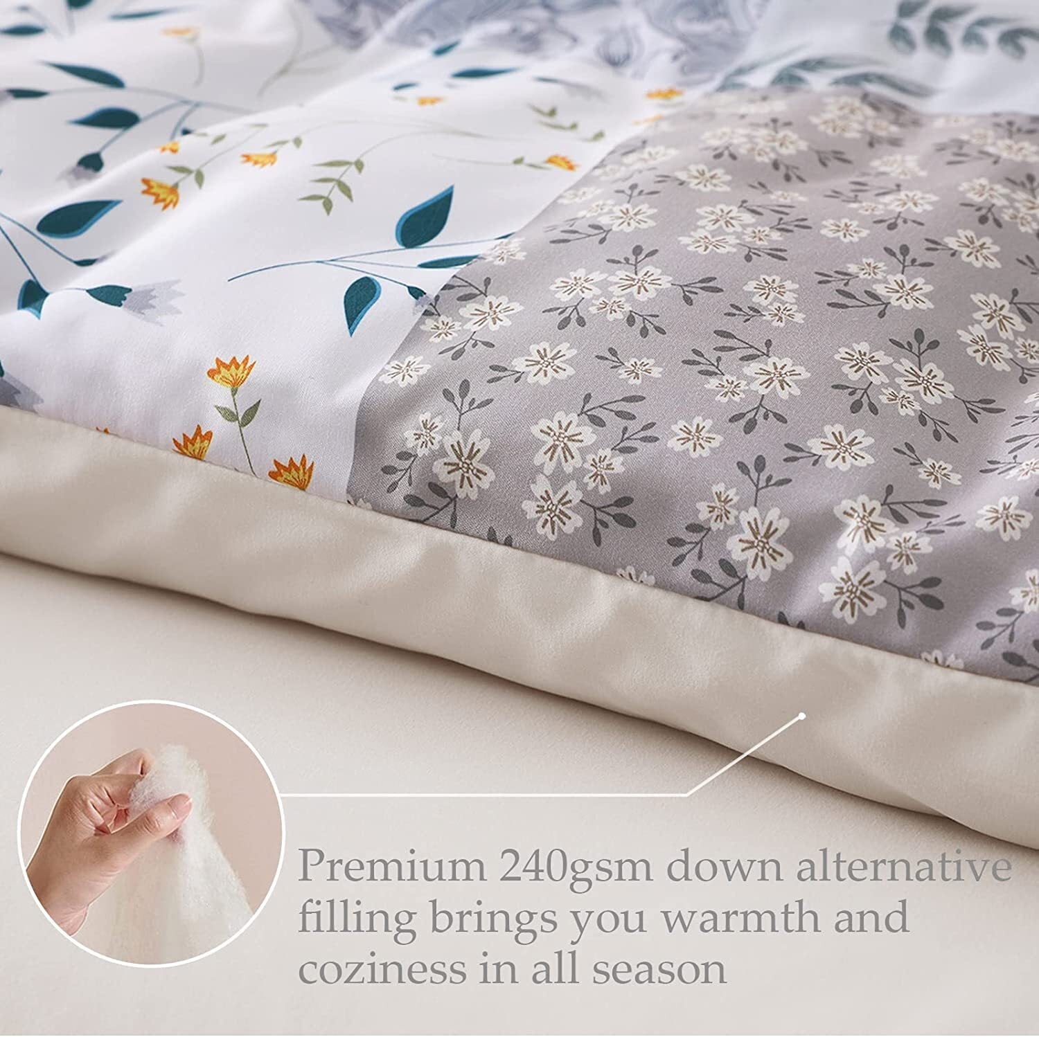 Fluffy Down Alternative 3-Piece Queen Comforter Set, Soft Reversible Bedding Comforter Sets, Patchwork Printed Down Alternative Comforter Duv... - Hypoallergenic Ultra-Fluffy Quilt for Winter Detail