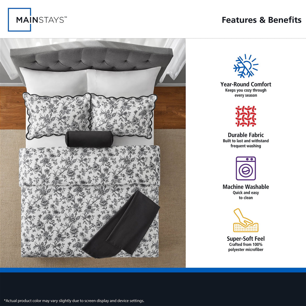 All-Season Floral Scallop 4-Piece White/Black Comforter Set, Twin/Twin XL - Luxurious Quilted Duvet Cover Set Detail