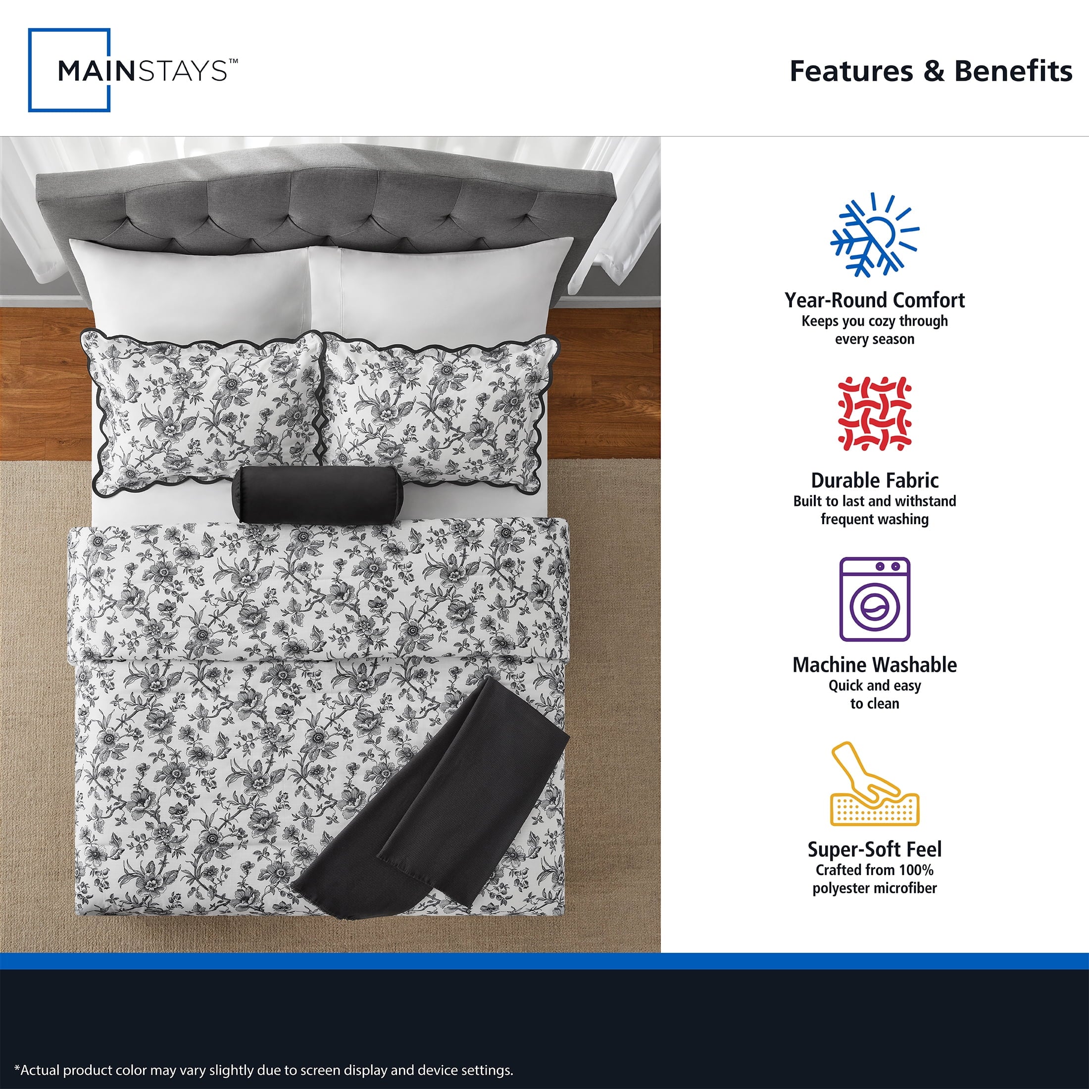 All-Season Floral Scallop 4-Piece White/Black Comforter Set, Twin/Twin XL - Luxurious Quilted Duvet Cover Set Detail