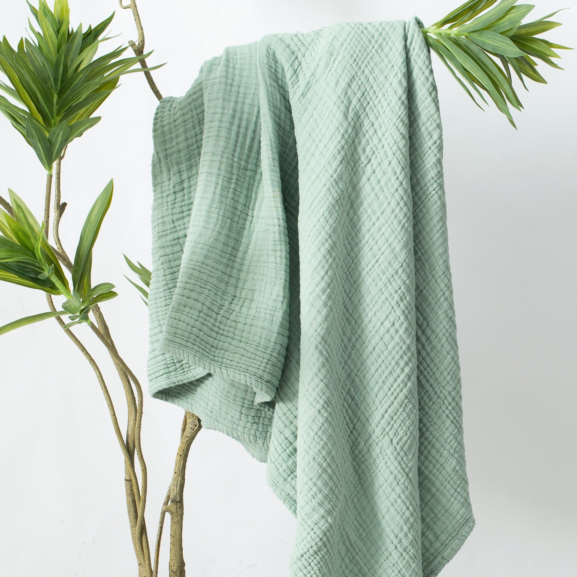 Decorative Knitted 100% Cotton Muslin Throw Blanket Gauze Blankets for Adults Soft Throws for Bed and Couch, 50" x 70" Sage Green - Cozy Fleece Throw Blanket for Couch & Bed Detail