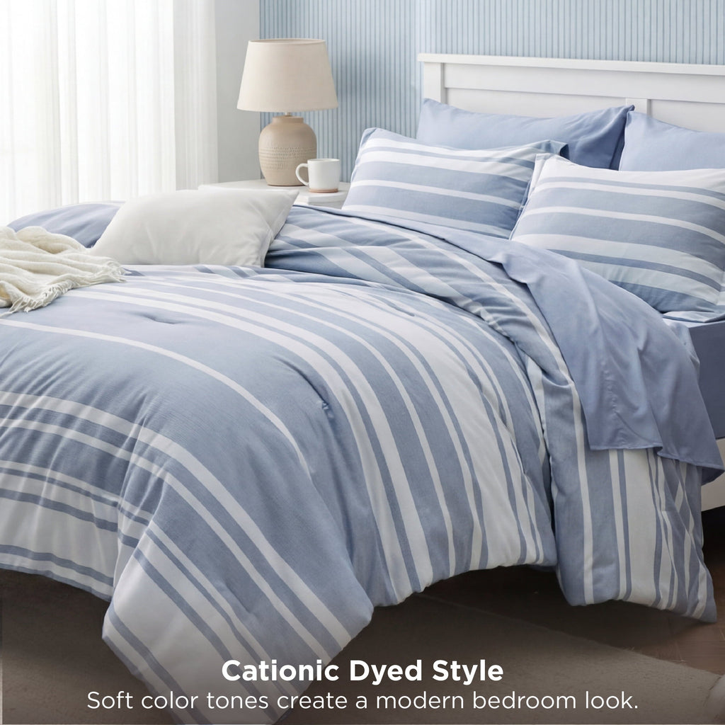 Heavyweight Warmth Queen Comforter Set Blue, Bed in a Bag Queen Size Bedding 7-Pieces, Striped Bedding Set for All Seasons - All-Season Down Alternative Comforter Insert Detail