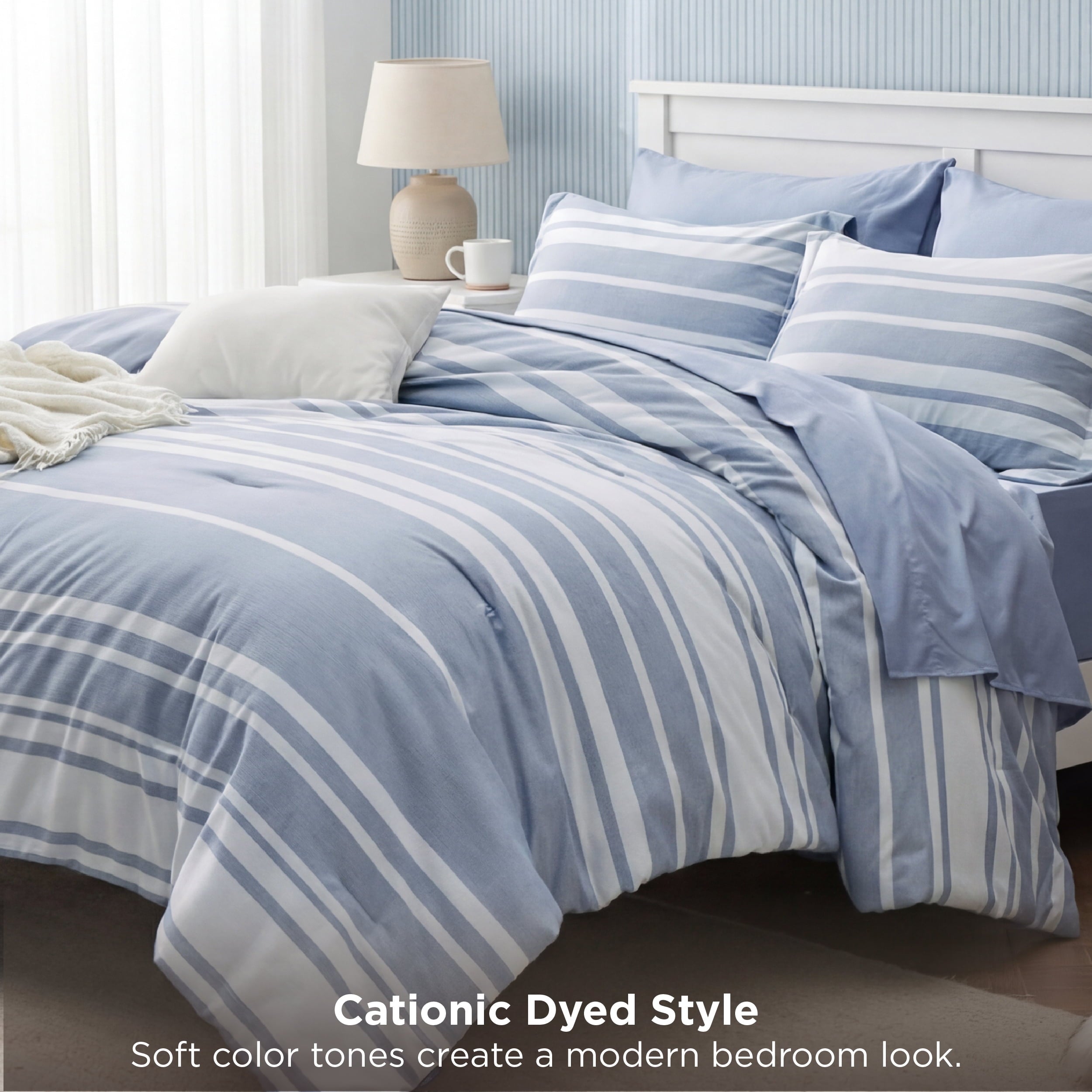 Heavyweight Warmth Queen Comforter Set Blue, Bed in a Bag Queen Size Bedding 7-Pieces, Striped Bedding Set for All Seasons - All-Season Down Alternative Comforter Insert Detail
