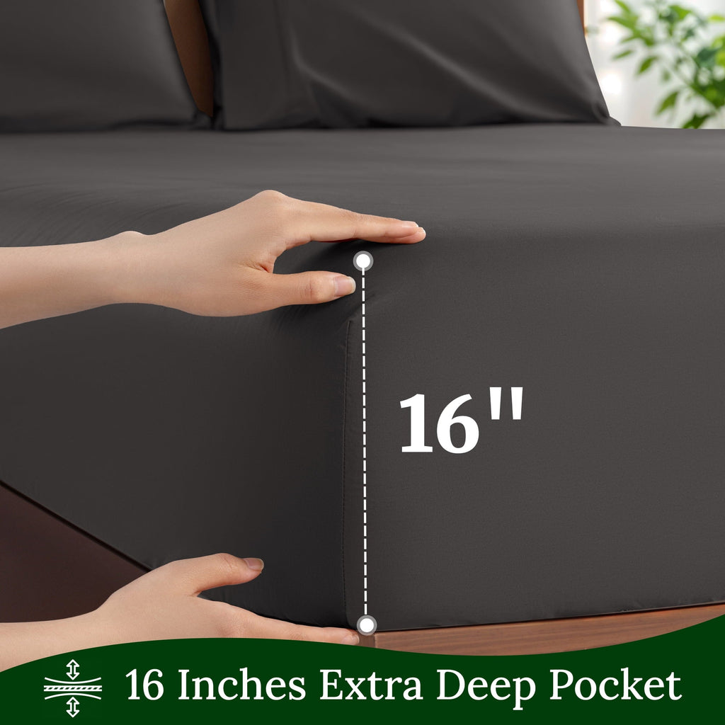Premium Egyptian Cotton 100% Cotton Bed Sheets Set, 1000 Thread Count 4 Piece Luxury Soft Sheets Set with 16" Deep Pocket, Queen, Dark Gray - Breathable Egyptian Cotton Flat & Fitted Sheets Detail