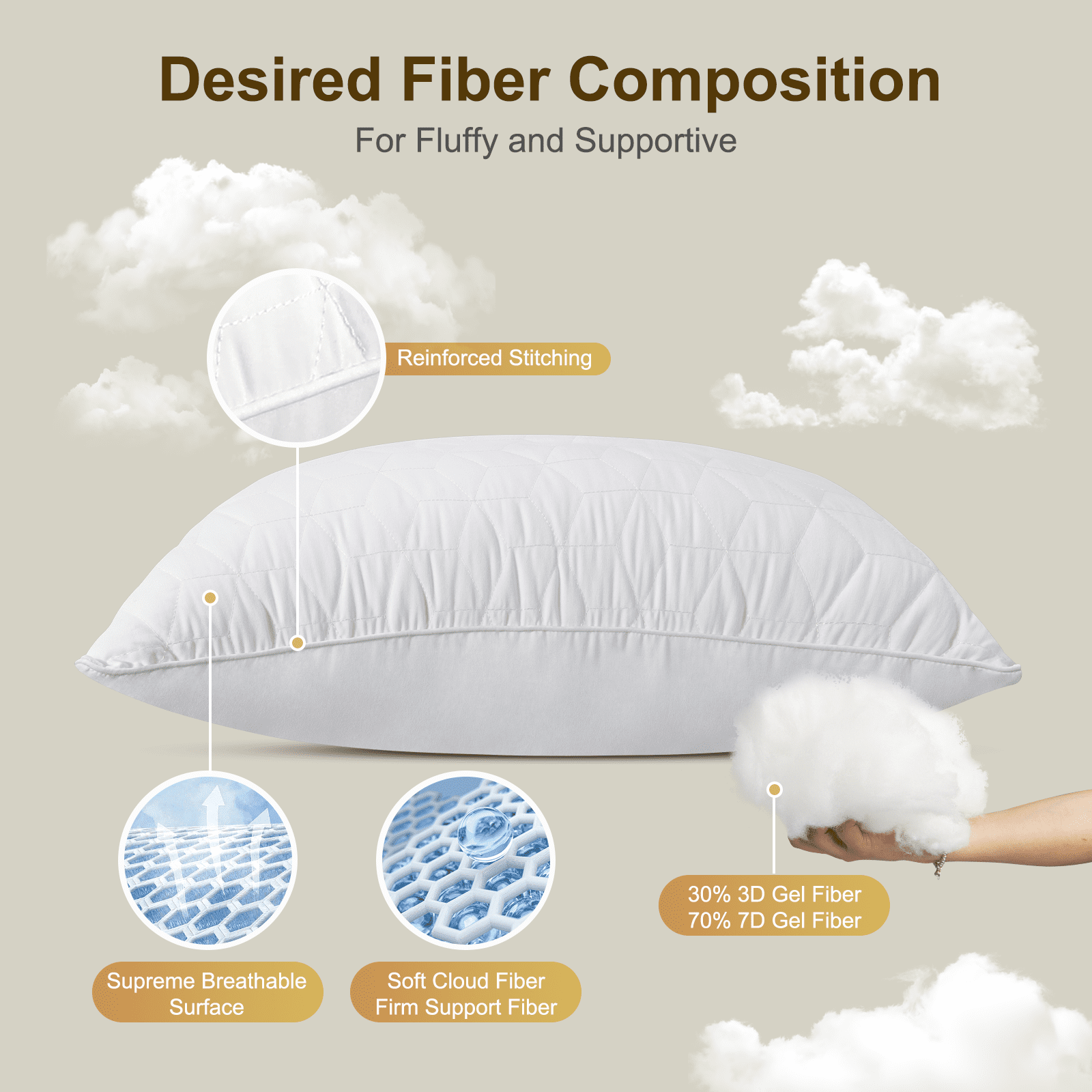 Decorative Plump Bed Pillows Queen Size Set of 2, Hotel Gusseted Pillows for Sleeping, Alternative to Down Pillows, Soft Supportive & ... - Orthopedic Shredded Foam Bed Pillow Set Detail