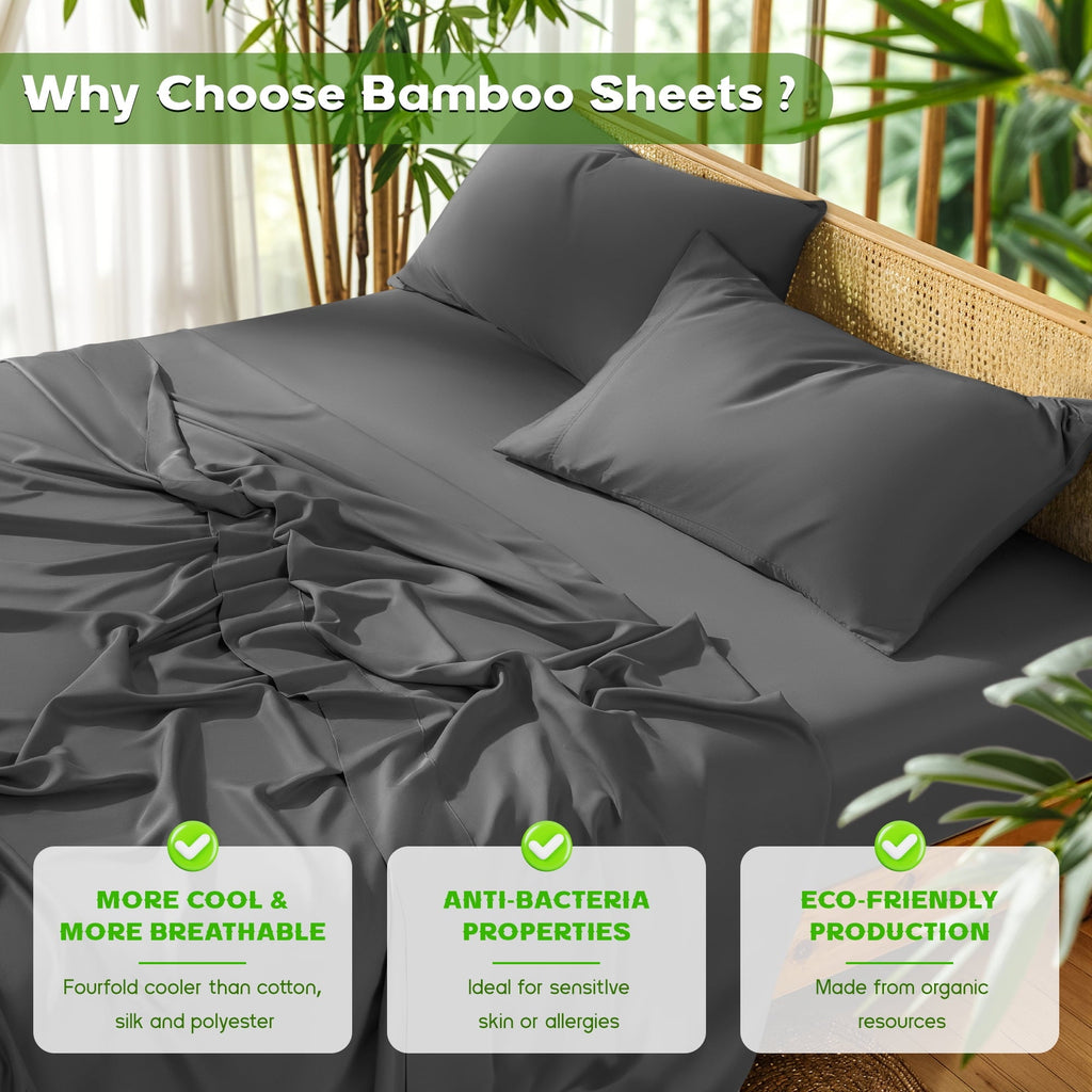 Cooling Sateen Luxury Bamboo Bed Sheet Set - Deep Pockets - 4 Piece, Queen, Dark Gray - Premium Ultra-Soft Pillowcase Pair for Sleeping Detail