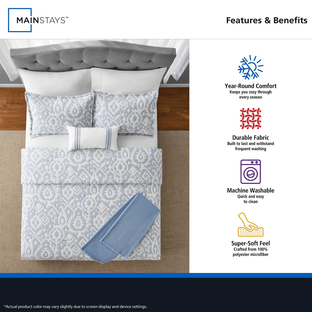 All-Season Full/Queen Comforter Set, All-Season, 5-Piece, Blue Matelasse Ikat - Luxurious Quilted Duvet Cover Set Detail