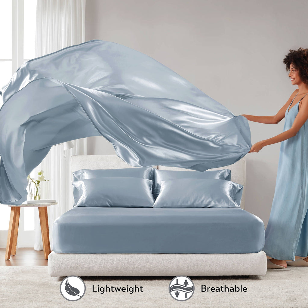 Premium Egyptian Cotton Satin Sheet Set, Twin Bed Sheets with Pillowcases, 4-Piece Luxury Silky Sheet Set, Blue, Gifts for Women - Premium Ultra-Soft Pillowcase Pair for Sleeping Detail