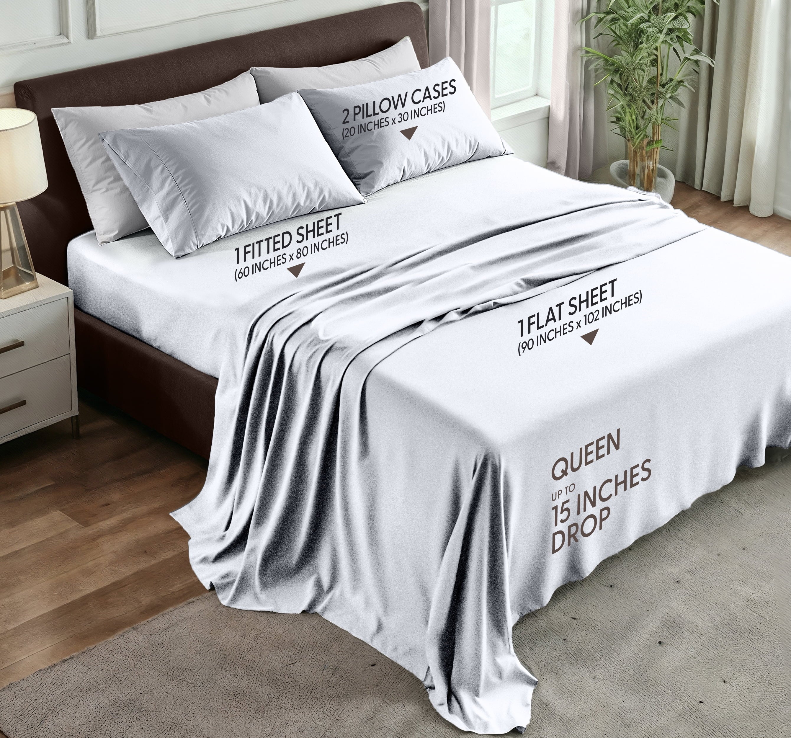 Breathable Luxury Queen Size Bed Sheet Set in Bright White – 4 Piece Microfiber Sheets, Ultra-Soft, Deep Pocket, Wrinkle-Resistant, Eas... - Breathable Egyptian Cotton Flat & Fitted Sheets Detail