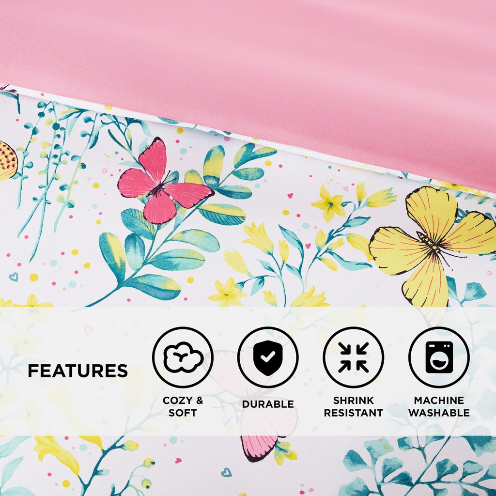 All-Season Full/Queen Size Comforter Sets, 4-Piece Kids Bedding Set for Girls, Butterfly Floral Comforter Bed Set, White/Pink - All-Season Down Alternative Comforter Insert Detail