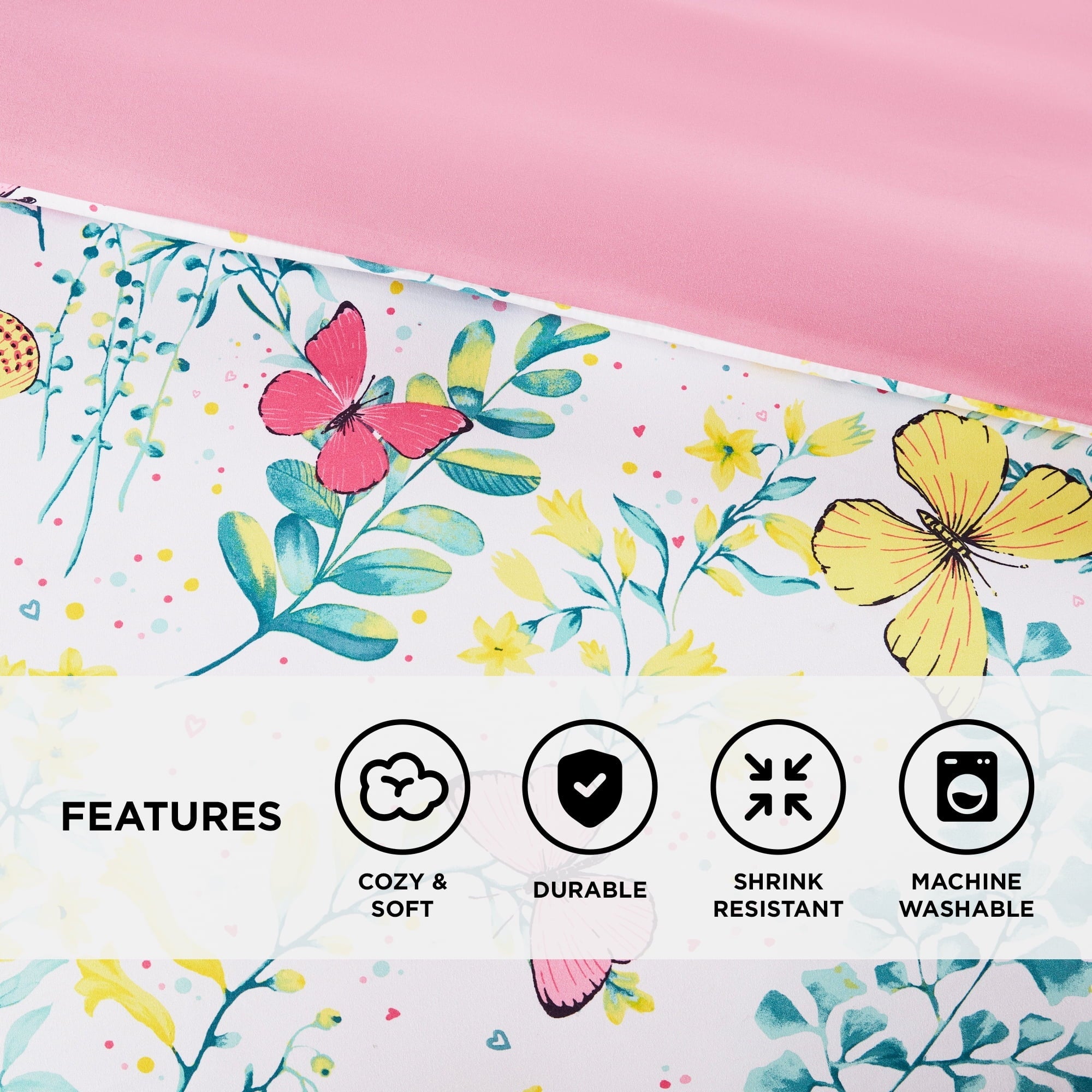 All-Season Full/Queen Size Comforter Sets, 4-Piece Kids Bedding Set for Girls, Butterfly Floral Comforter Bed Set, White/Pink - All-Season Down Alternative Comforter Insert Detail