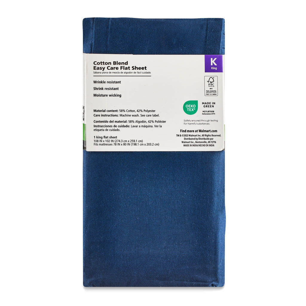 Wrinkle-Resistant 300 Thread Count Easy Care Blue Cove Cotton Blend Percale Flat Bed Sheet, King - Luxury Bed Sheet Set with Deep Pockets Detail