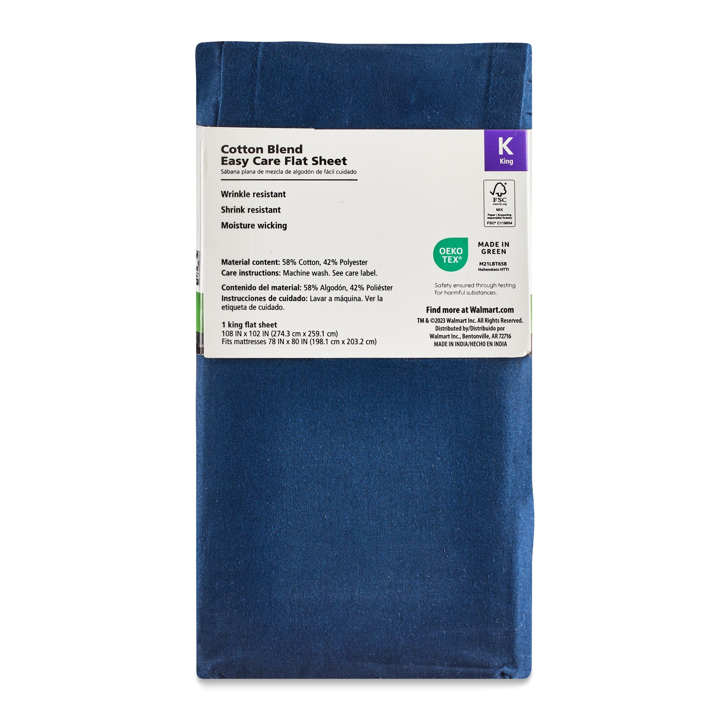 Wrinkle-Resistant 300 Thread Count Easy Care Blue Cove Cotton Blend Percale Flat Bed Sheet, King - Luxury Bed Sheet Set with Deep Pockets Detail