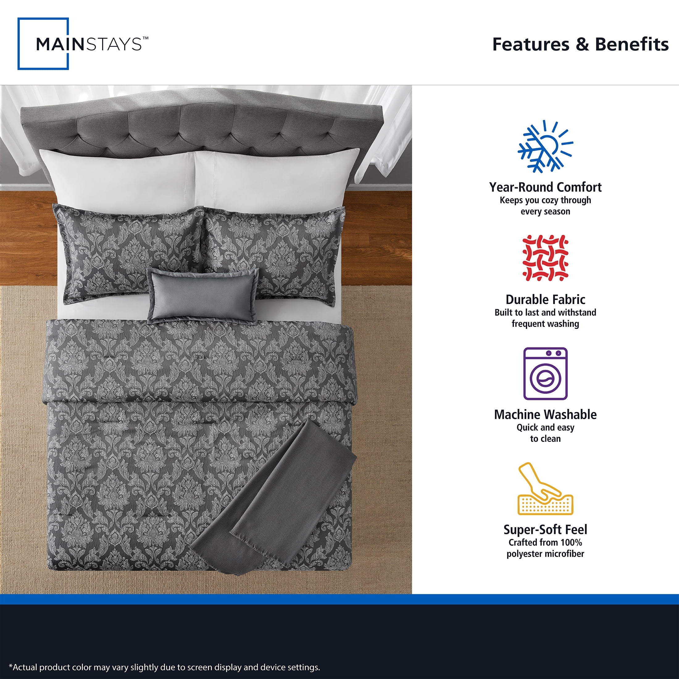 Fluffy Down Alternative Full/Queen Comforter Set, All-Season, 5-Piece, Grey Jacquard Damask - Cloud-Like Soft Lightweight Bed Comforter Detail