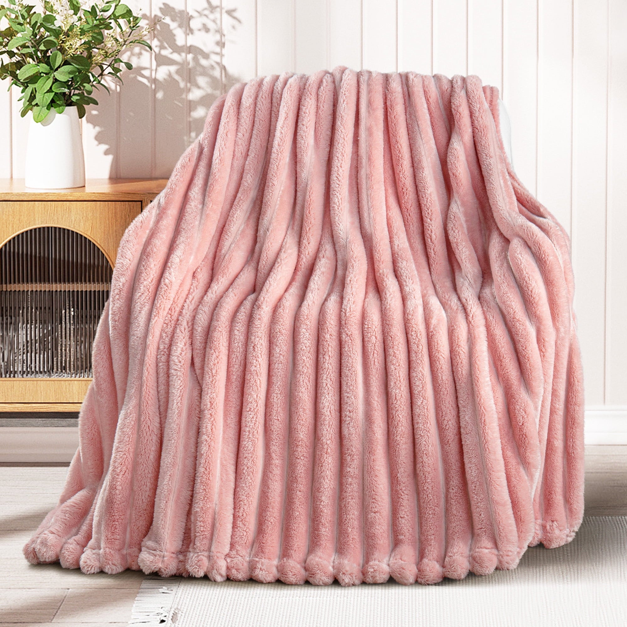 Lightweight Warm Fleece Throw Blanket for Couch, Super Soft 3D Striped Jacquard Blanket, Lightweight Fuzzy Cozy Blankets, Pink, 50"x60" - Luxury Knitted Decorative Throw Blanket with Fringes Detail