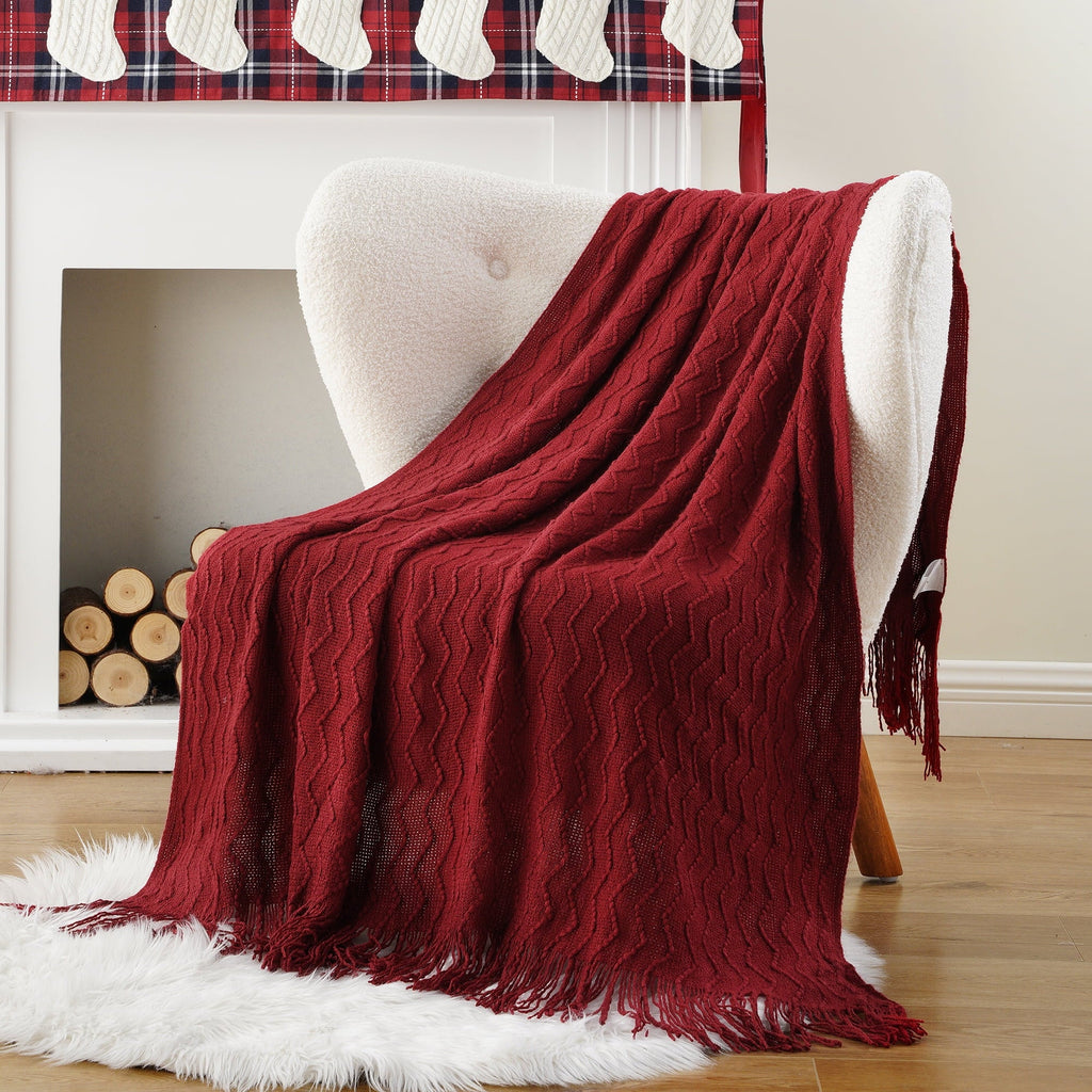 Super Soft Flannel Dark Red Blanket for Couch,Burgundy Knit Throw Blanket for Bedroom,Christmas Throw,50"x60" - Luxury Knitted Decorative Throw Blanket with Fringes Detail