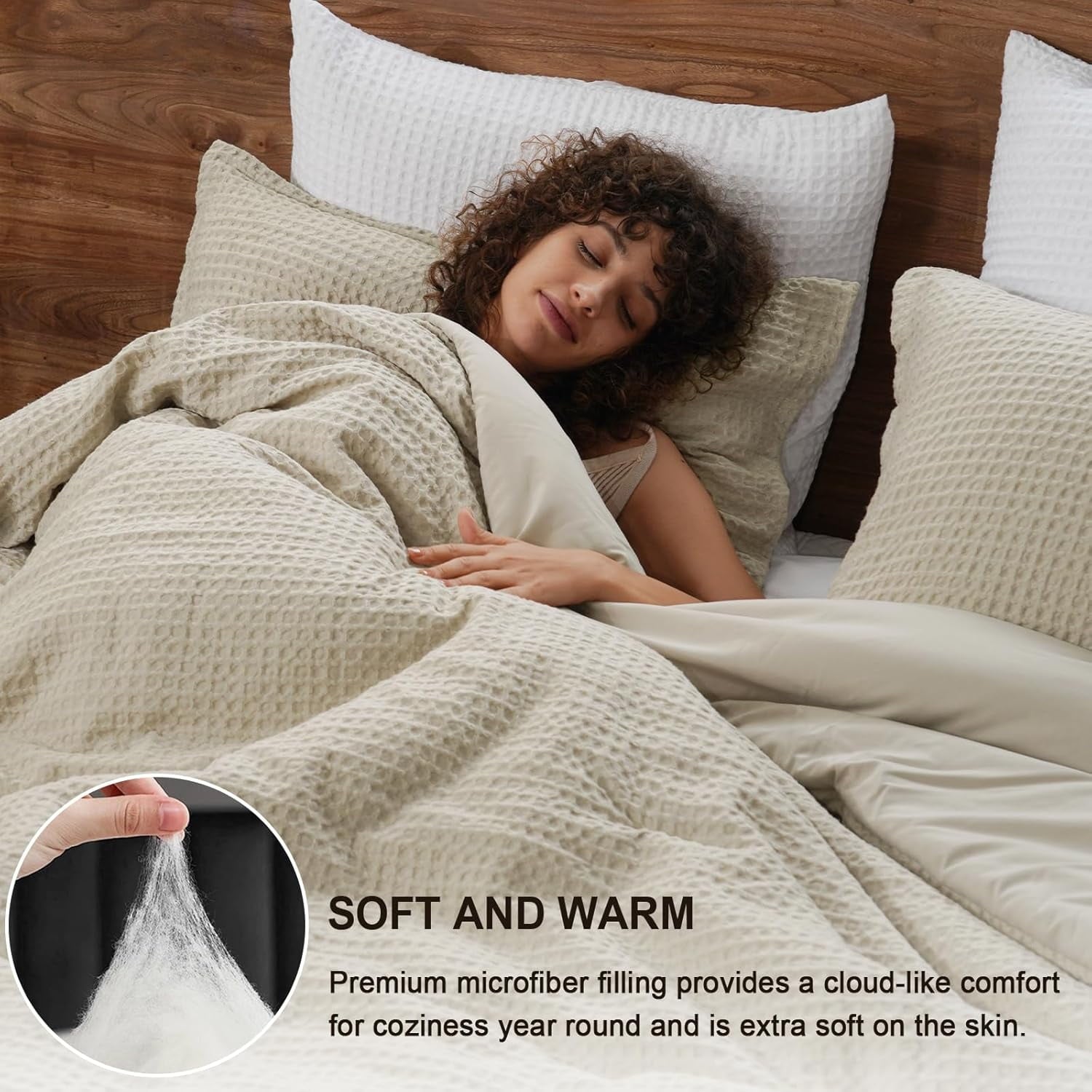 Luxurious Quilted 3-Piece Waffle Weave Comforter Set Queen Size, Lightweight Comfy Bedding Set for All Season, Ultra Soft Textured 1 Co... - All-Season Down Alternative Comforter Insert Detail