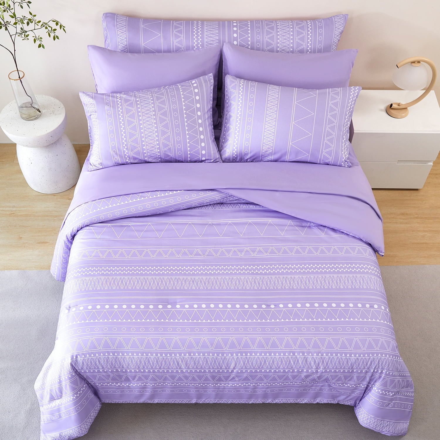 Fluffy Down Alternative 8-Pieces Boho Bedding Set Full Lavender Striped Bed in a Bag for Girls Women Soft Fluffy Purple Comforter Set with Sh... - Luxurious Quilted Duvet Cover Set Detail
