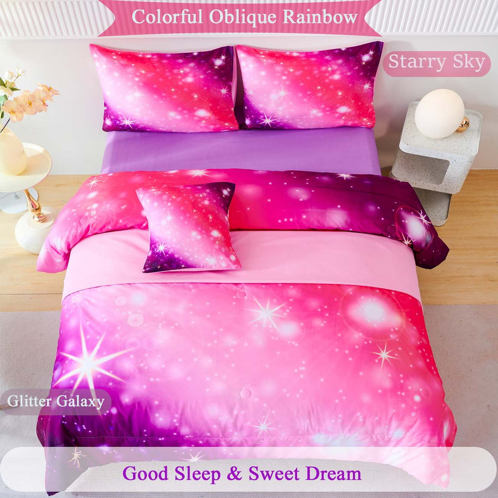 Fluffy Down Alternative 4Pcs Rainbow Twin Size Comforter Set for Girls, Pink Purple Gradient Glitter Kids Bedding Sets, Soft Galaxy Girls Bed... - Luxurious Quilted Duvet Cover Set Detail