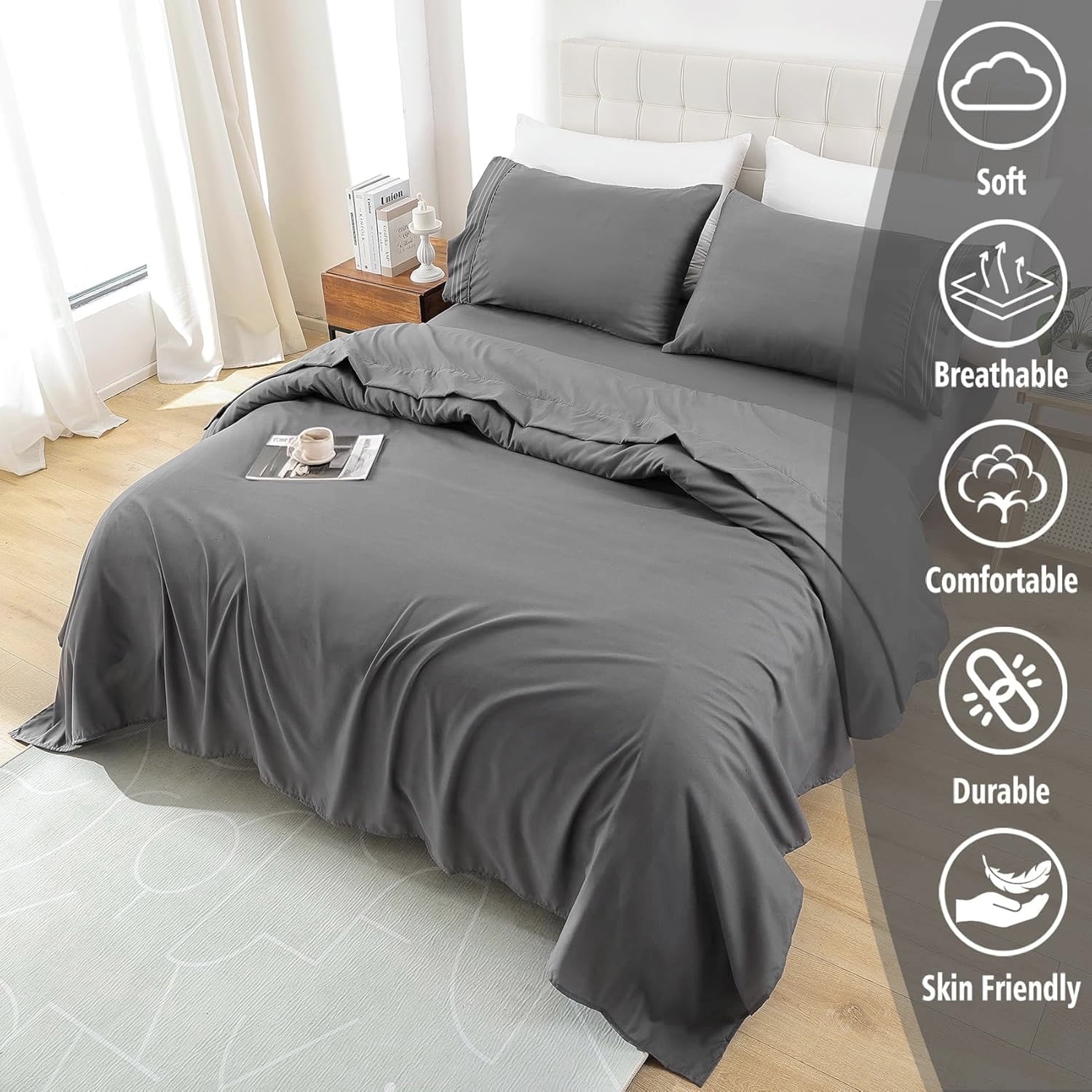 Wrinkle-Resistant 4 Piece Bed Sheet Set, Queen Size Upgraded Cooling Deep Pocket Comfy Breathable Hotel Luxury Bedding, Extra Soft Wrin... - Luxury Bed Sheet Set with Deep Pockets Detail