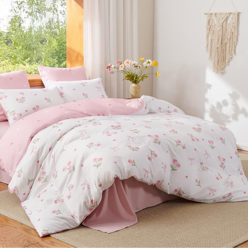 All-Season Pink Tulip Queen Comforter Set, 3-Piece Pink Flowers Reversible Soft Bedding Set or Adults All Season - Cloud-Like Soft Lightweight Bed Comforter Detail