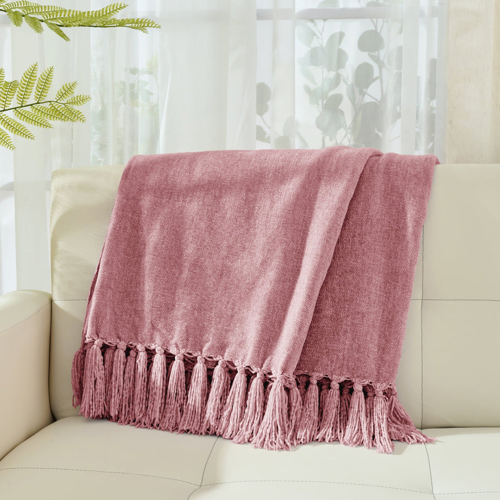 Decorative Knitted Chenille Throw Blanket with Fringe Tassel for Couch Sofa Chair Bed, Mauve 50" X 70" - Cozy Fleece Throw Blanket for Couch & Bed Detail