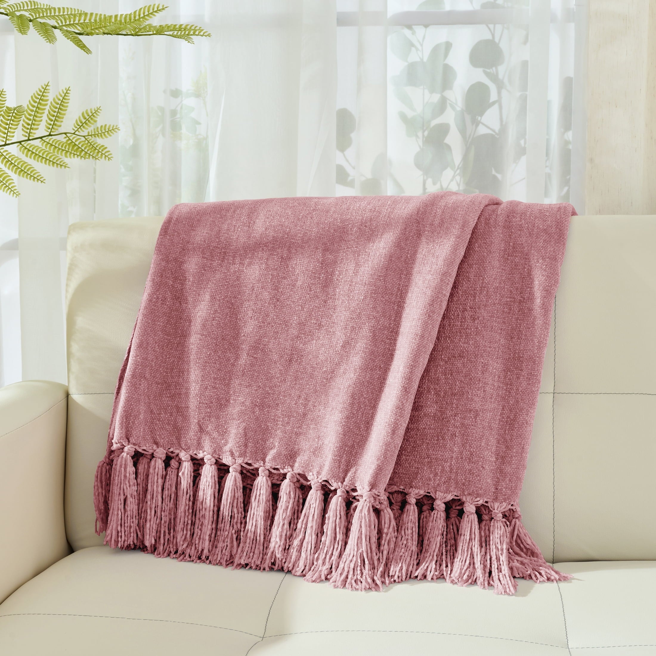 Decorative Knitted Chenille Throw Blanket with Fringe Tassel for Couch Sofa Chair Bed, Mauve 50" X 70" - Cozy Fleece Throw Blanket for Couch & Bed Detail