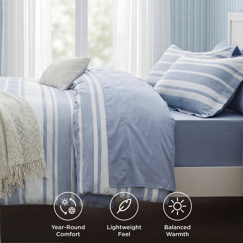 Heavyweight Warmth Queen Comforter Set Blue, Bed in a Bag Queen Size Bedding 7-Pieces, Striped Bedding Set for All Seasons - All-Season Down Alternative Comforter Insert Detail