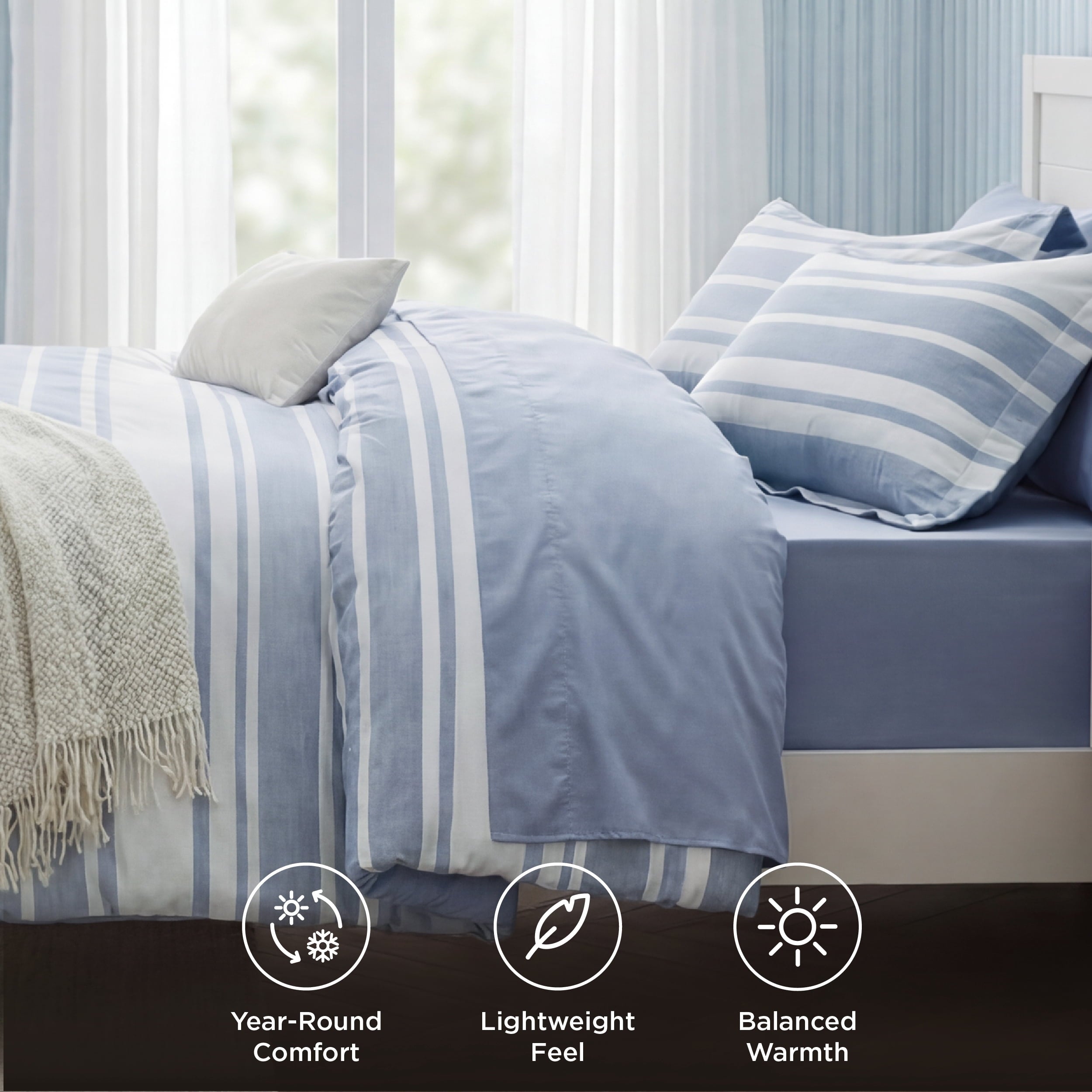 Heavyweight Warmth Queen Comforter Set Blue, Bed in a Bag Queen Size Bedding 7-Pieces, Striped Bedding Set for All Seasons - All-Season Down Alternative Comforter Insert Detail