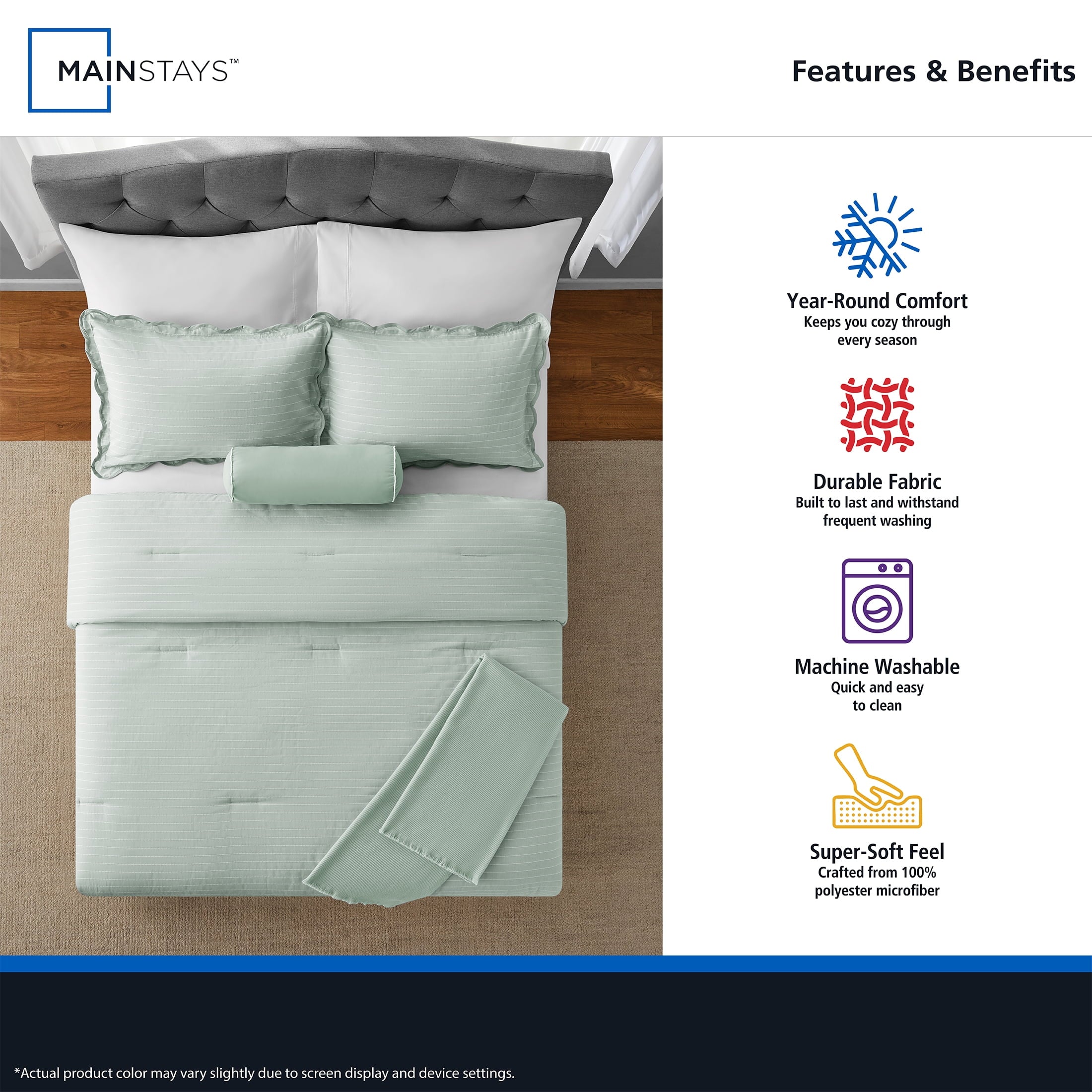Hypoallergenic Cloud Full/Queen Comforter Set, All-Season, 5-Piece, Sage Pick Stitch Scallop - Luxurious Quilted Duvet Cover Set Detail