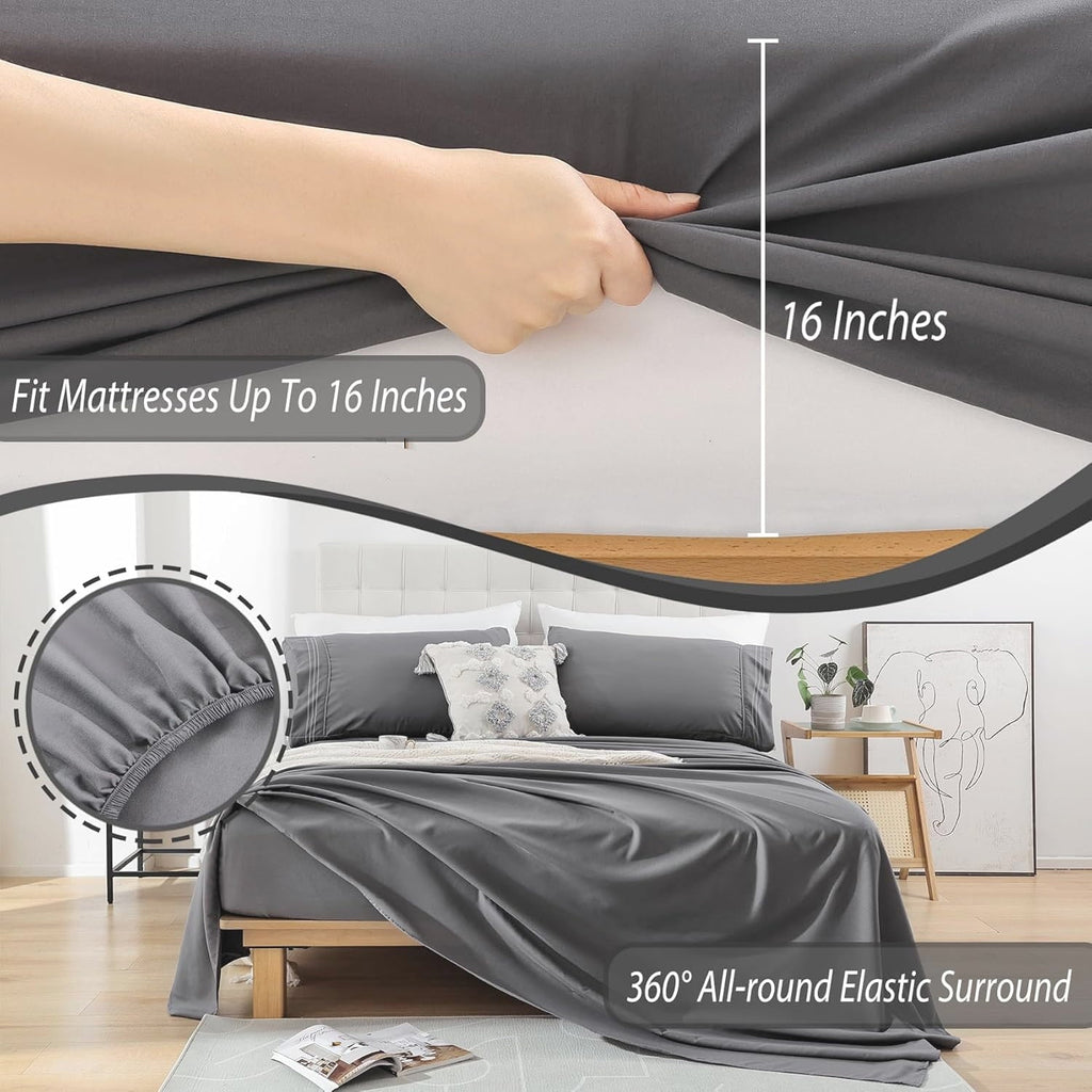 Breathable Luxury Size, Microfiber Cooling , Breathable & Hypoallergenic 4 Pieces Luxury Soft Sheet Set, Mattress Fitted up... - Cooling Hotel Quality Bedding Sheets and Pillowcases Detail