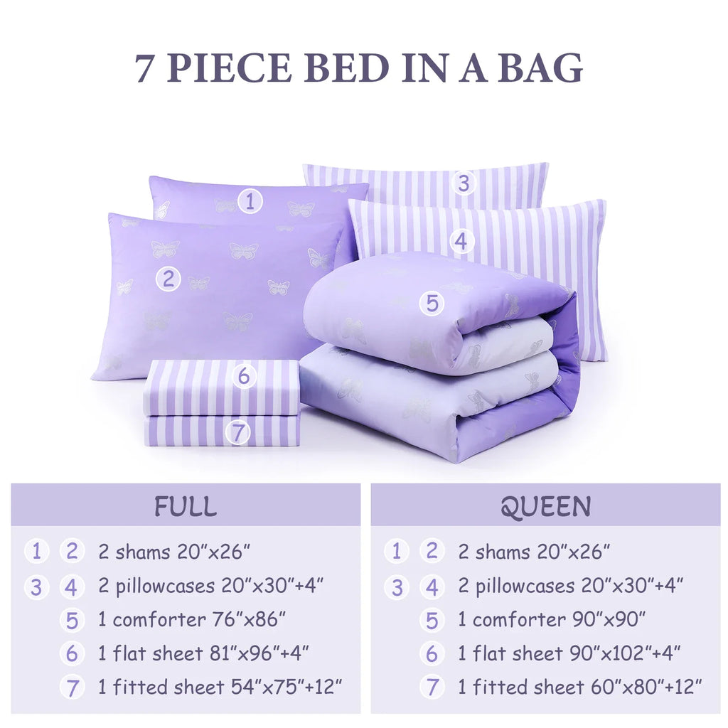 Luxurious Quilted gold foil Design 7-piece Bed in a Bag Comforter Set with Sheets,Purple/Silver Butterflies,Full - Hypoallergenic Ultra-Fluffy Quilt for Winter Detail