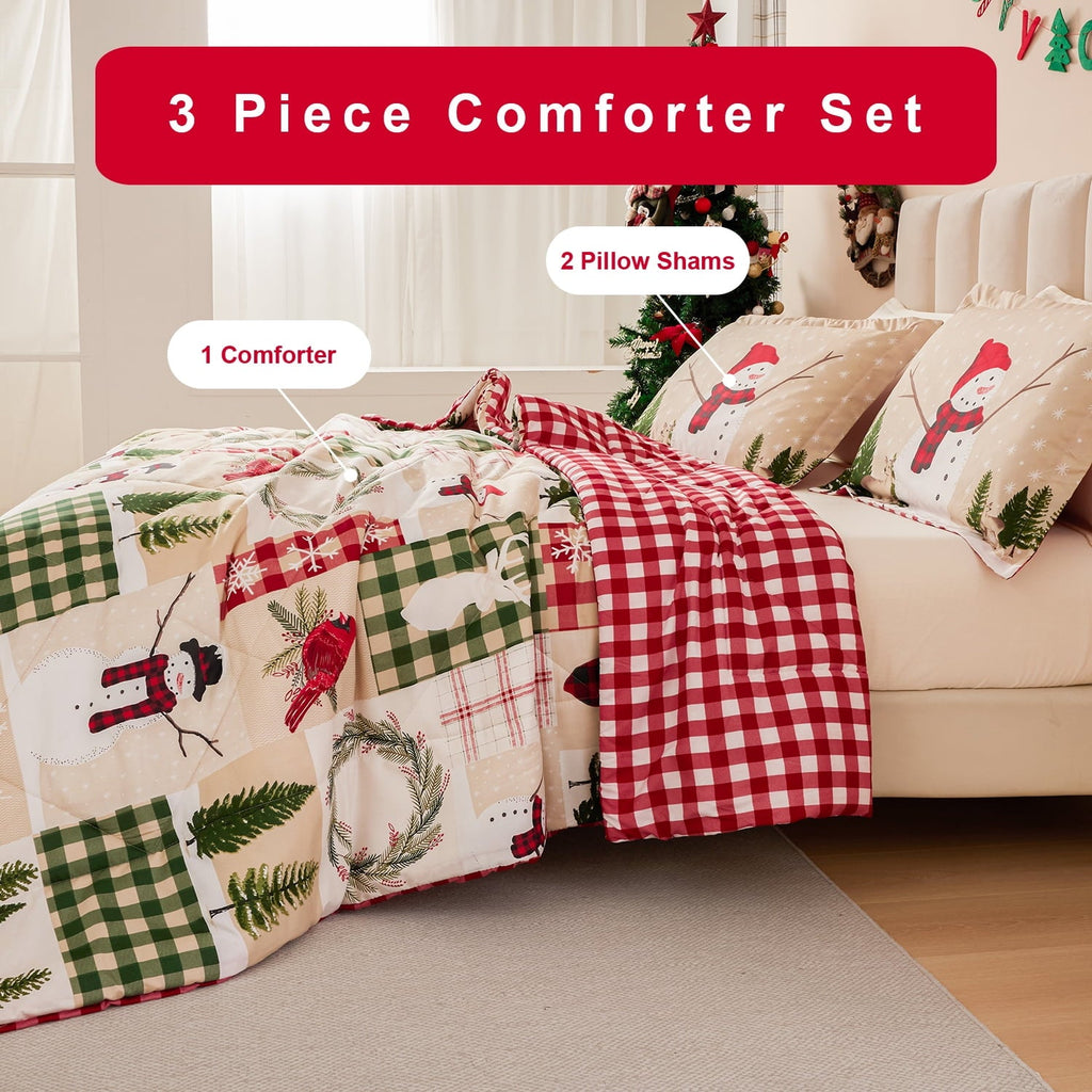 Hypoallergenic Cloud 3 Pcs Christmas Comforter Set, Bed in a Bag Wreath Snowman Queen/Full Size Xmas Bedding Set Fitted Pillowcases for Adult - Hypoallergenic Ultra-Fluffy Quilt for Winter Detail