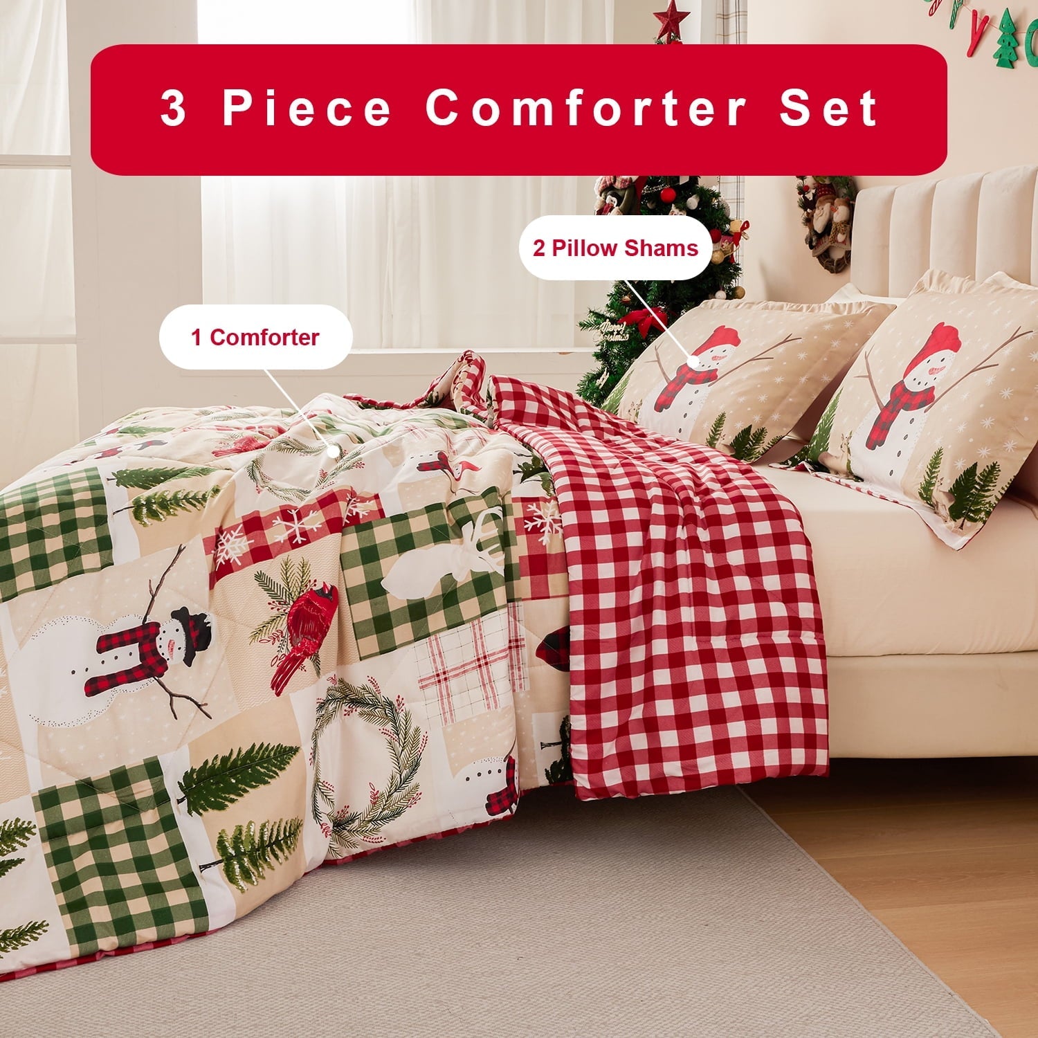Hypoallergenic Cloud 3 Pcs Christmas Comforter Set, Bed in a Bag Wreath Snowman Queen/Full Size Xmas Bedding Set Fitted Pillowcases for Adult - Hypoallergenic Ultra-Fluffy Quilt for Winter Detail