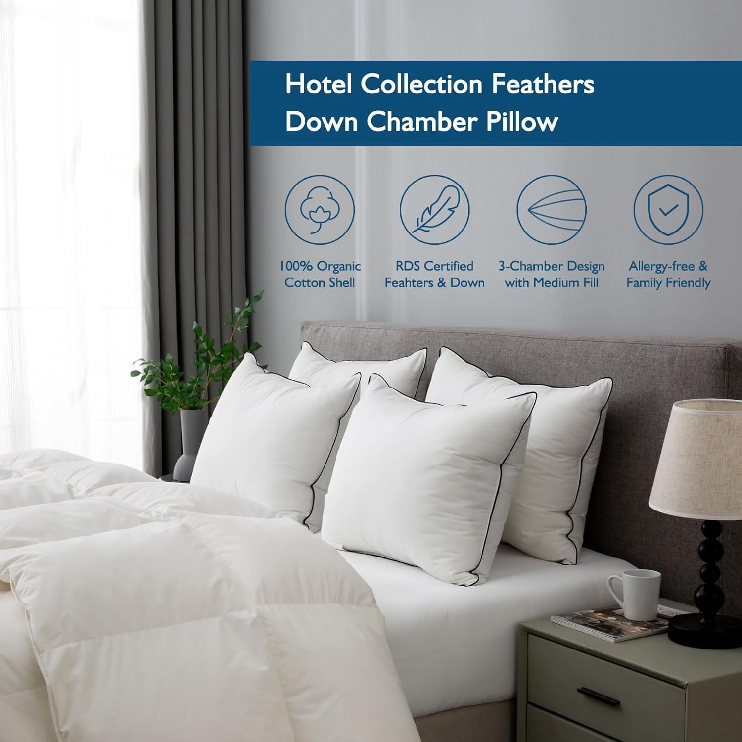 Decorative Plump Hypoallergenic 3‑Chamber Goose Feather Down Core Bed Pillows, Standard Size Set of 2, With Microfiber Surround, Soft-... - Decorative Throw Pillow Cushion for Sofa & Bed Detail