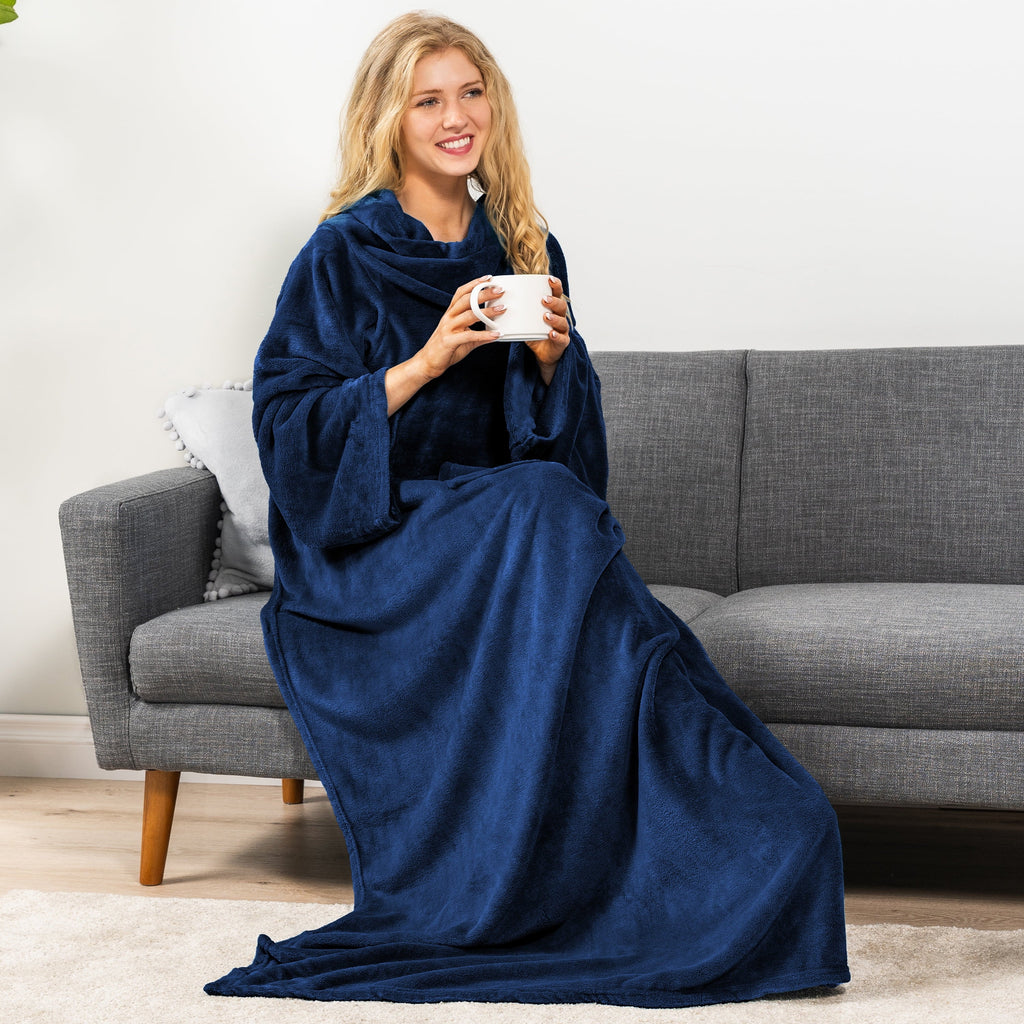 Reversible Sherpa Navy Blue Fleece Wearable Blanket with Sleeves for Adults Women Men, Soft Warm Full Body Wrap Throw, Sweatshirt Pocke... - Luxury Knitted Decorative Throw Blanket with Fringes Detail