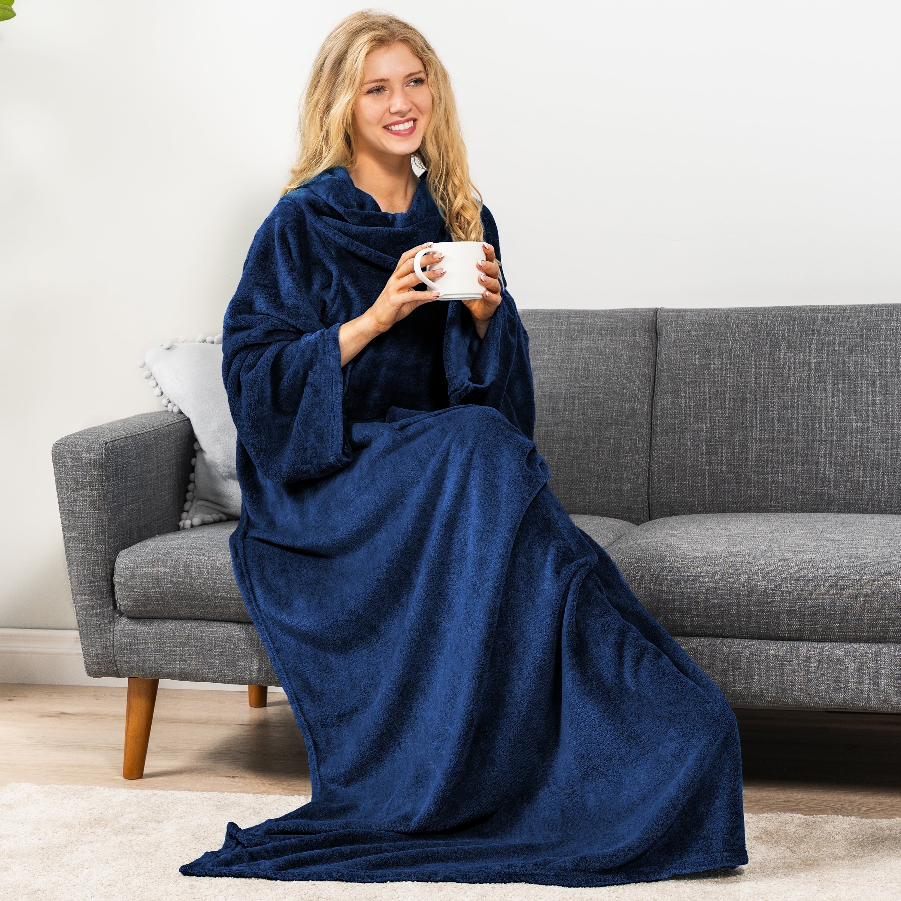Reversible Sherpa Navy Blue Fleece Wearable Blanket with Sleeves for Adults Women Men, Soft Warm Full Body Wrap Throw, Sweatshirt Pocke... - Luxury Knitted Decorative Throw Blanket with Fringes Detail