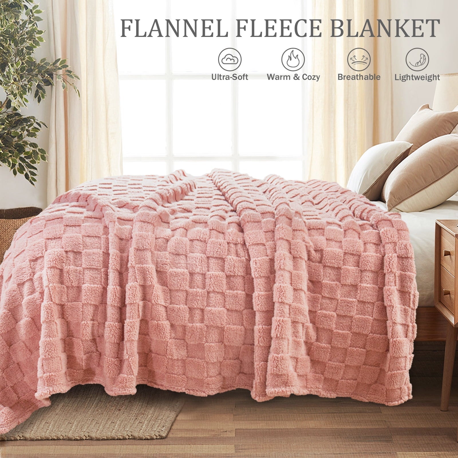Cozy Fleece Fleece Throw Blanket for Couch, Super Soft Warm Lightweight Checkered Pattern Blanket for All Seasons, Pink, 50"x60" - Cozy Fleece Throw Blanket for Couch & Bed Detail