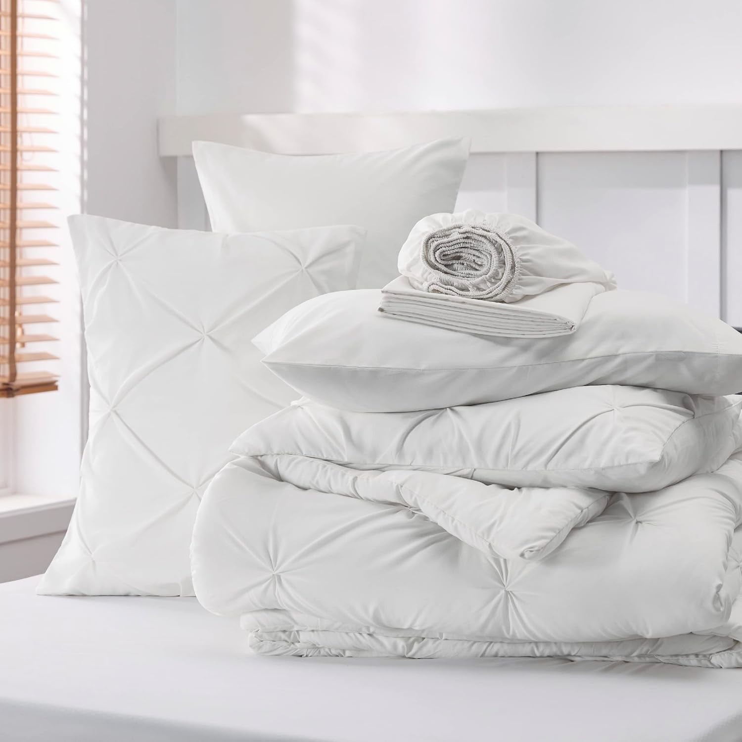 Heavyweight Warmth White Queen Comforter Set- 7 Pieces Pintuck Bedding Set with Comforters, Sheets, Pillowcases & Shams - Cloud-Like Soft Lightweight Bed Comforter Detail