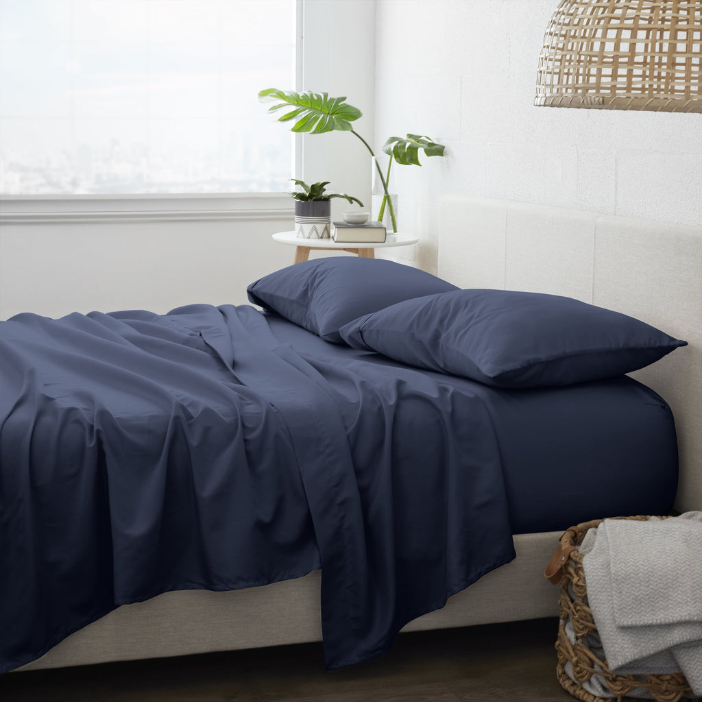 Cooling Sateen 4 Piece Solid Microfiber Bed Sheet Set, Navy, Queen - Premium Ultra-Soft Pillowcase Pair for Sleeping Detail