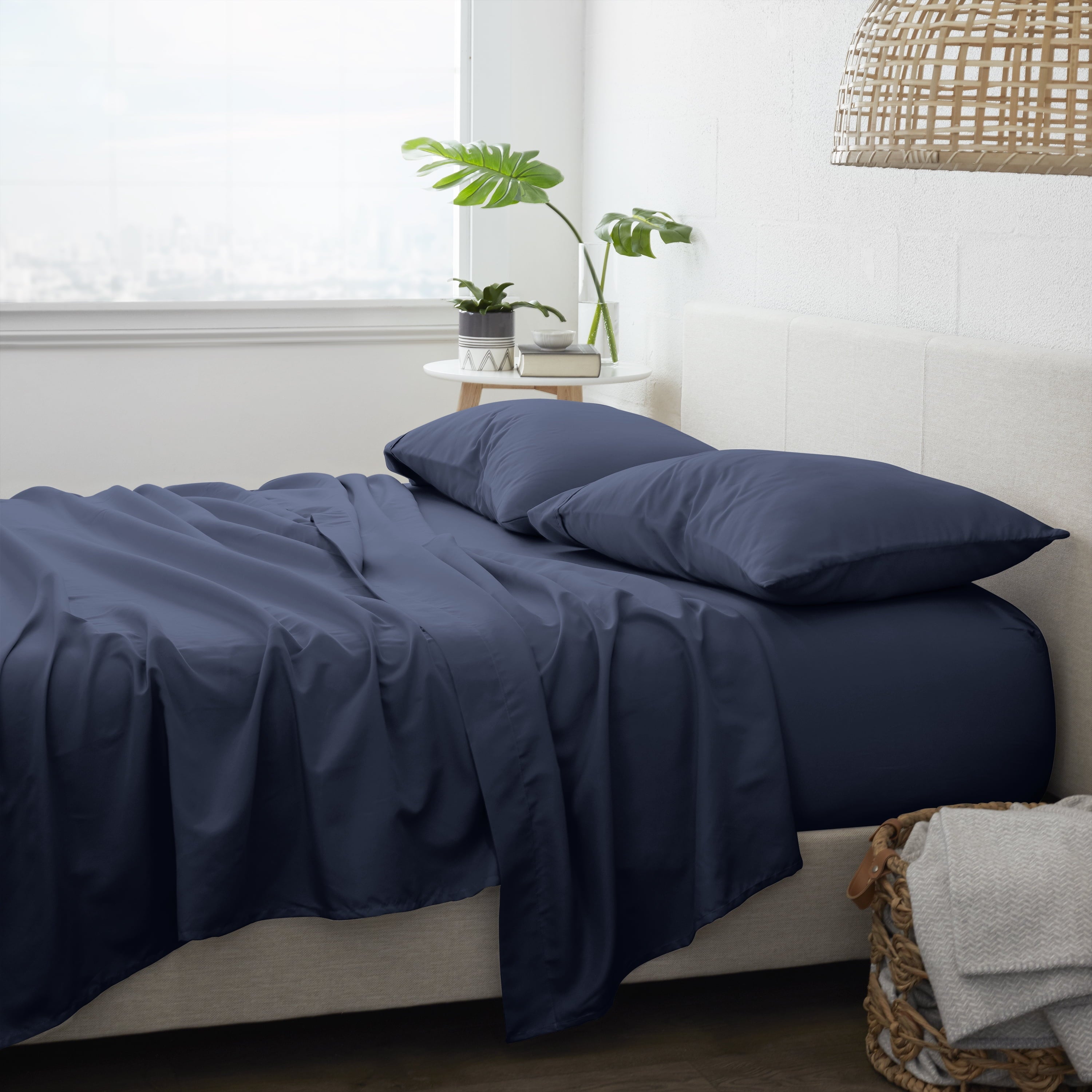 Cooling Sateen 4 Piece Solid Microfiber Bed Sheet Set, Navy, Queen - Premium Ultra-Soft Pillowcase Pair for Sleeping Detail