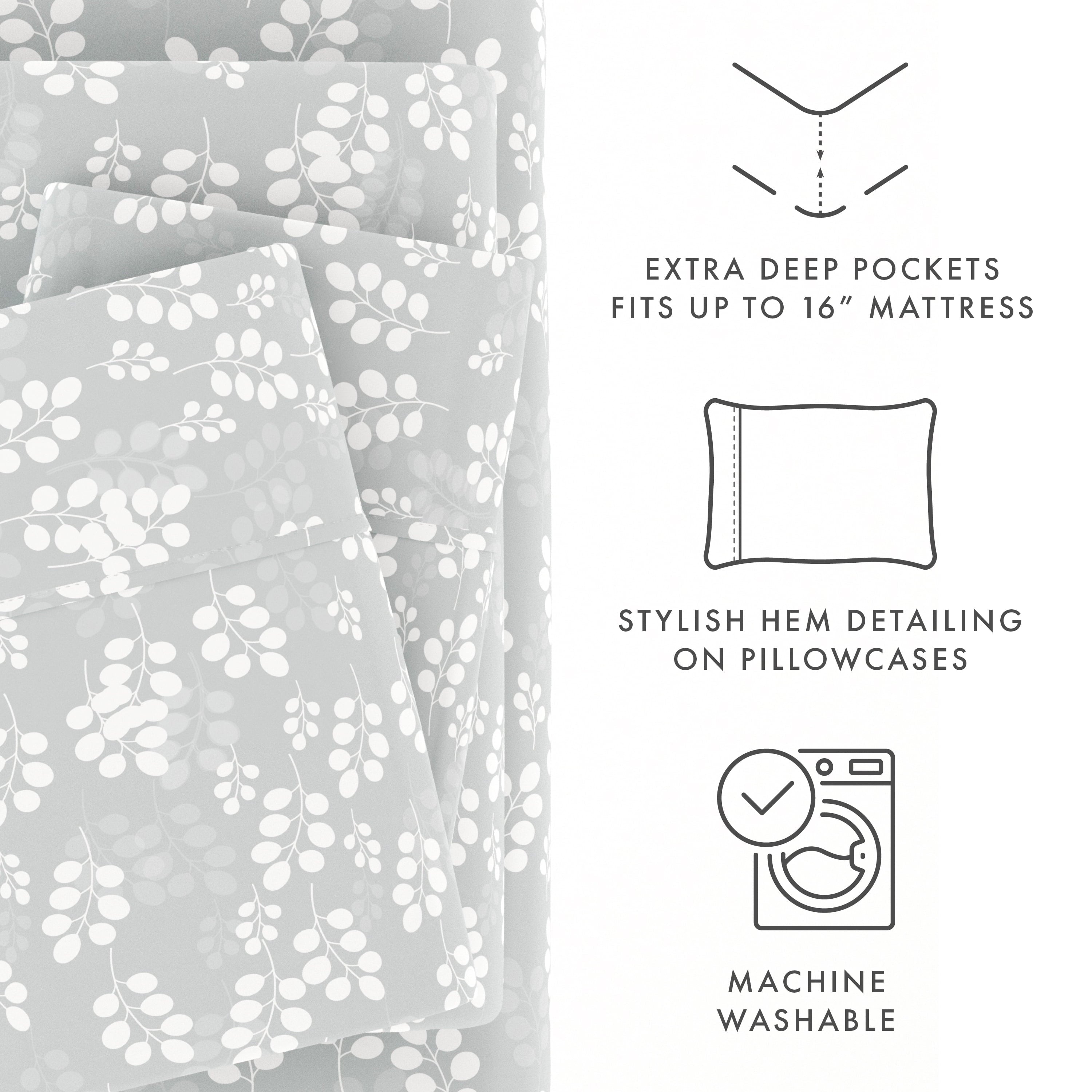 Breathable Luxury 4 Piece Pattern Microfiber Bed Sheets Set, Gray Wheat, Full - Cooling Hotel Quality Bedding Sheets and Pillowcases Detail