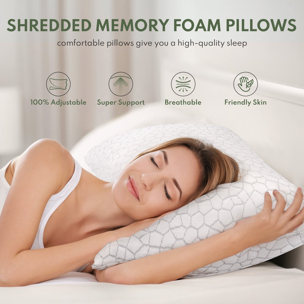 Orthopedic Support Queen Size Bed Pillows 4-Pack,3.3lb Shredded Memory Foam Filled,Hyper Soft & 3D Breathable Cooling Desigh Cover Fitti... - Hotel Quality Plush Sleeping Pillows Detail