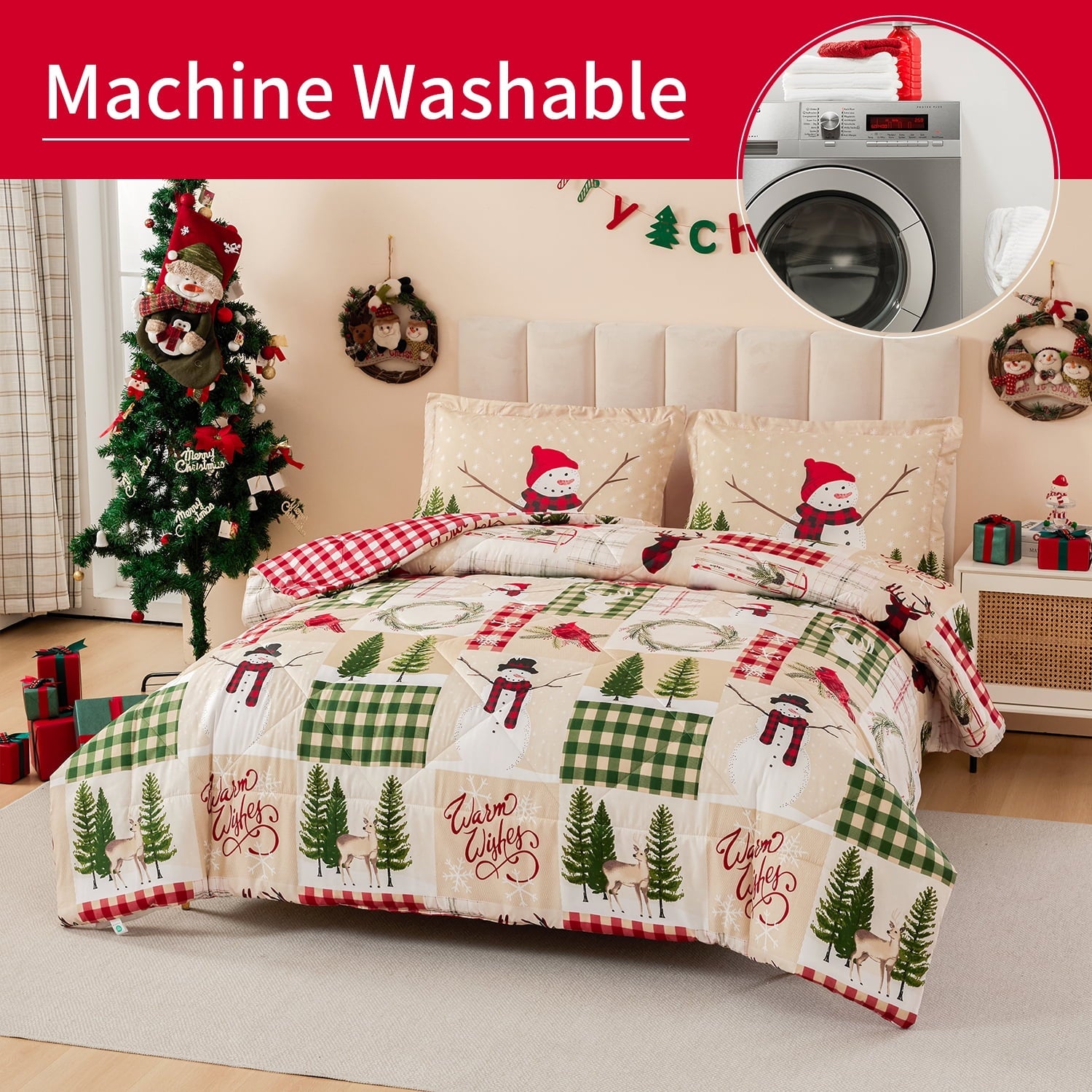 Hypoallergenic Cloud 3 Pcs Christmas Comforter Set, Bed in a Bag Wreath Snowman Queen/Full Size Xmas Bedding Set Fitted Pillowcases for Adult - Hypoallergenic Ultra-Fluffy Quilt for Winter Detail