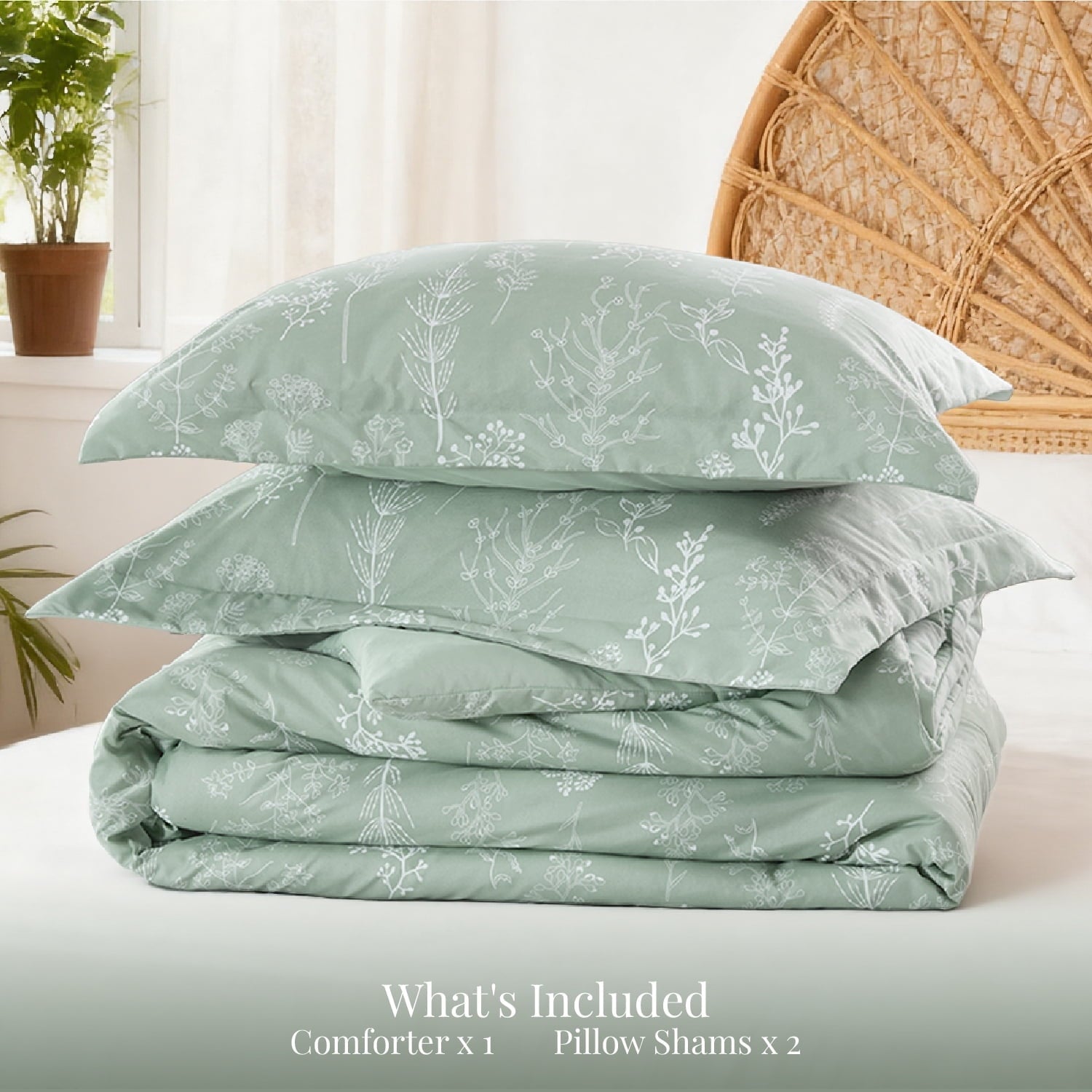 Hypoallergenic Cloud 3 Pieces Sage Green Floral Comforter Sets, 1 Botanical Flowers Reversible Comforter and 2 Pillow Shams, Queen Size Be... - Cloud-Like Soft Lightweight Bed Comforter Detail