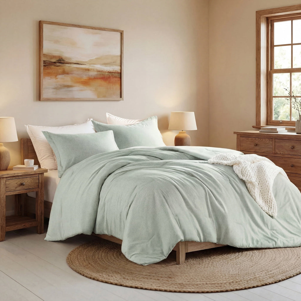Luxurious Quilted Full/Queen Comforter Sets, Reversible 3 Piece Extra Soft Bedding Set, Chambray Print Sage Green Comforter Bed Set wit... - Cloud-Like Soft Lightweight Bed Comforter Detail