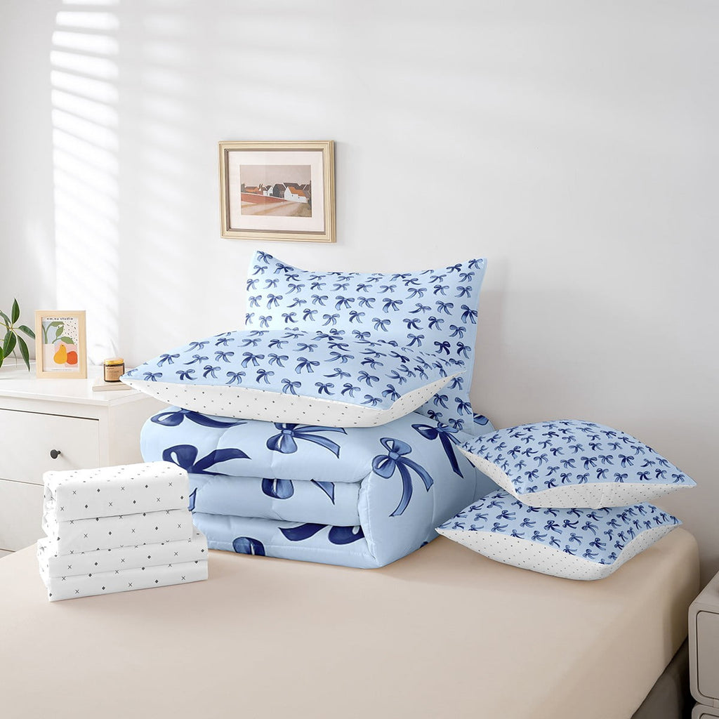 Luxurious Quilted Cute Bowknot Twin Bedding Sets 7-Piece,Girls Ribbon Bow Bedding Comforter Set,Dreamy Blue Sheet Sets For Girls,Super ... - All-Season Down Alternative Comforter Insert Detail