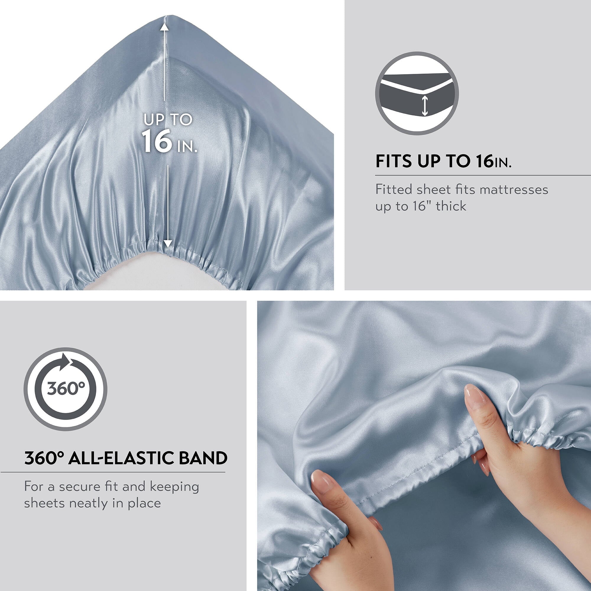 Premium Egyptian Cotton Satin Sheet Set, Twin Bed Sheets with Pillowcases, 4-Piece Luxury Silky Sheet Set, Blue, Gifts for Women - Premium Ultra-Soft Pillowcase Pair for Sleeping Detail