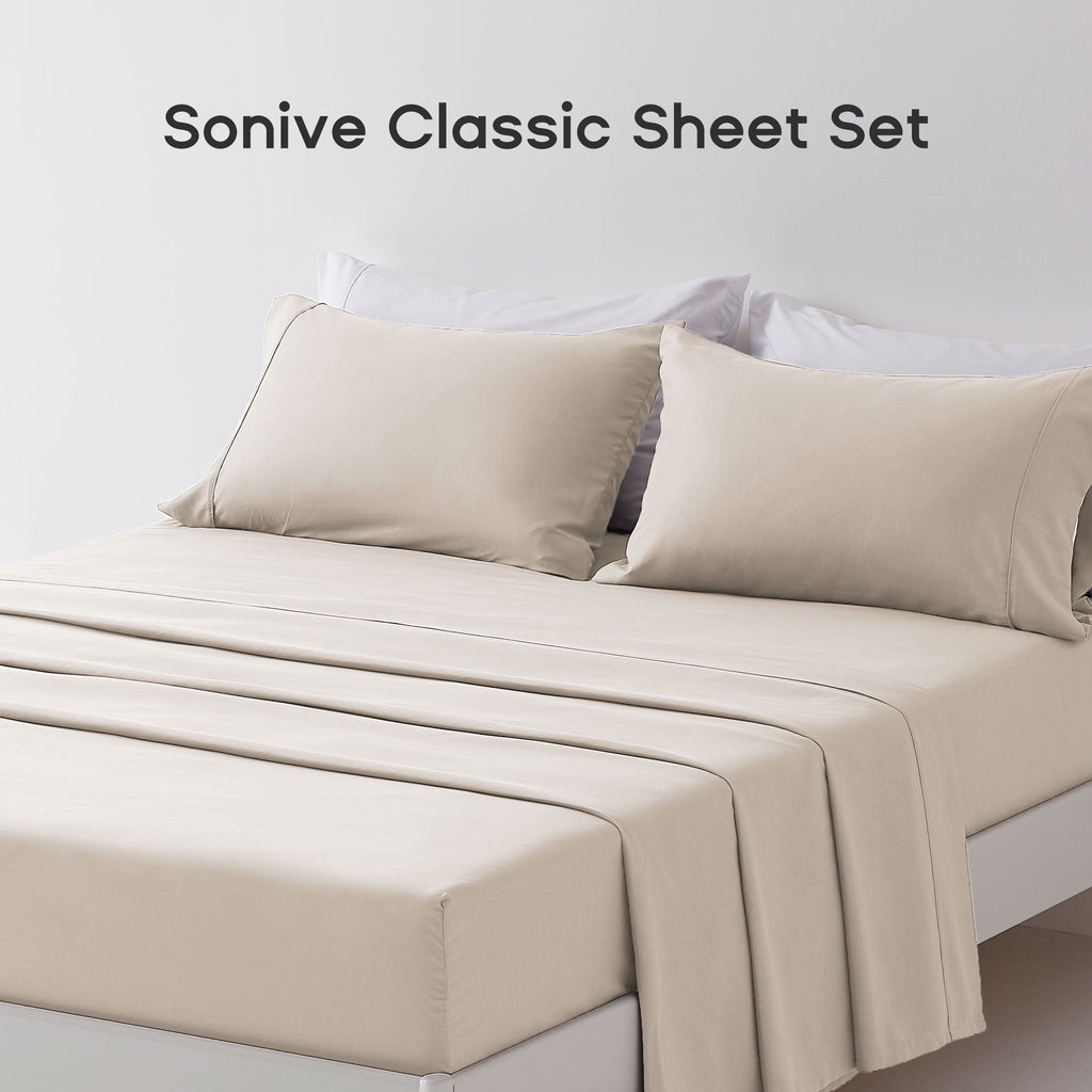 Cooling Sateen Bed Sheet Sets,Ultra Soft Breathable Luxury 4 Piece, (Beige, Queen) - Luxury Bed Sheet Set with Deep Pockets Detail